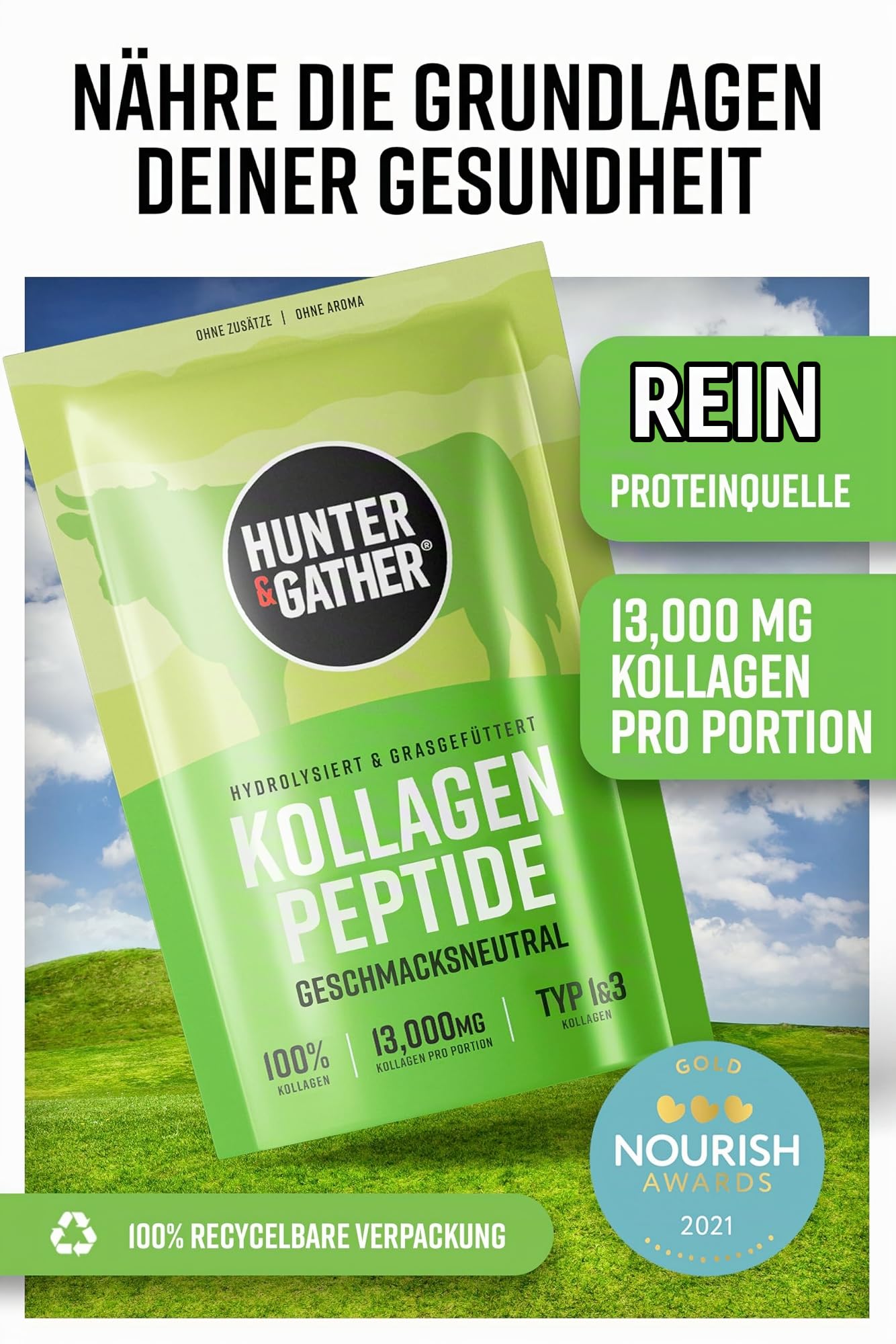 Kollagen Pulver 2 x 400g - Rinderkollagen Hydrolysat Peptide Typ 1 und 3 – Perfekte Löslichkeit, geschmacksneutral, ohne Füllstoffe - Für gesunde Haare, Haut, Nägel und Muskeln