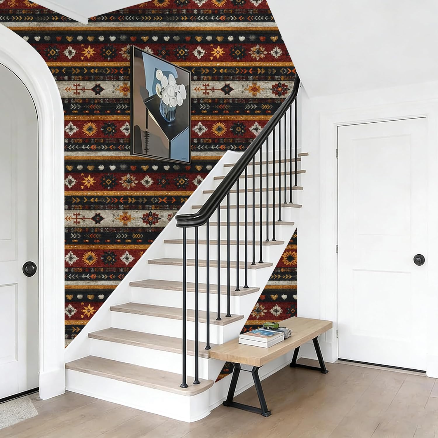Peel and Stick Wallpaper - Southwest Tribal Geometric with Rug Texture, Removable Ethnic Mural for Living Room & Bedroom, 17.7x118 Inch