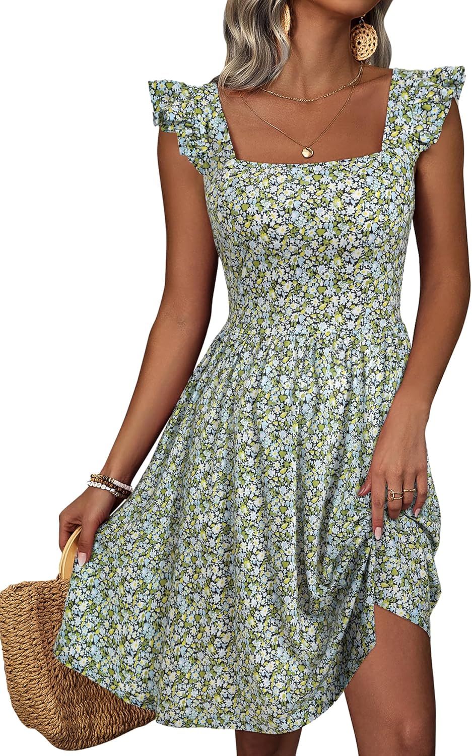 Loemes Summer Casual Cute Floral Flowy Square Neck Sundressses with Pocket Beach Dress for Women