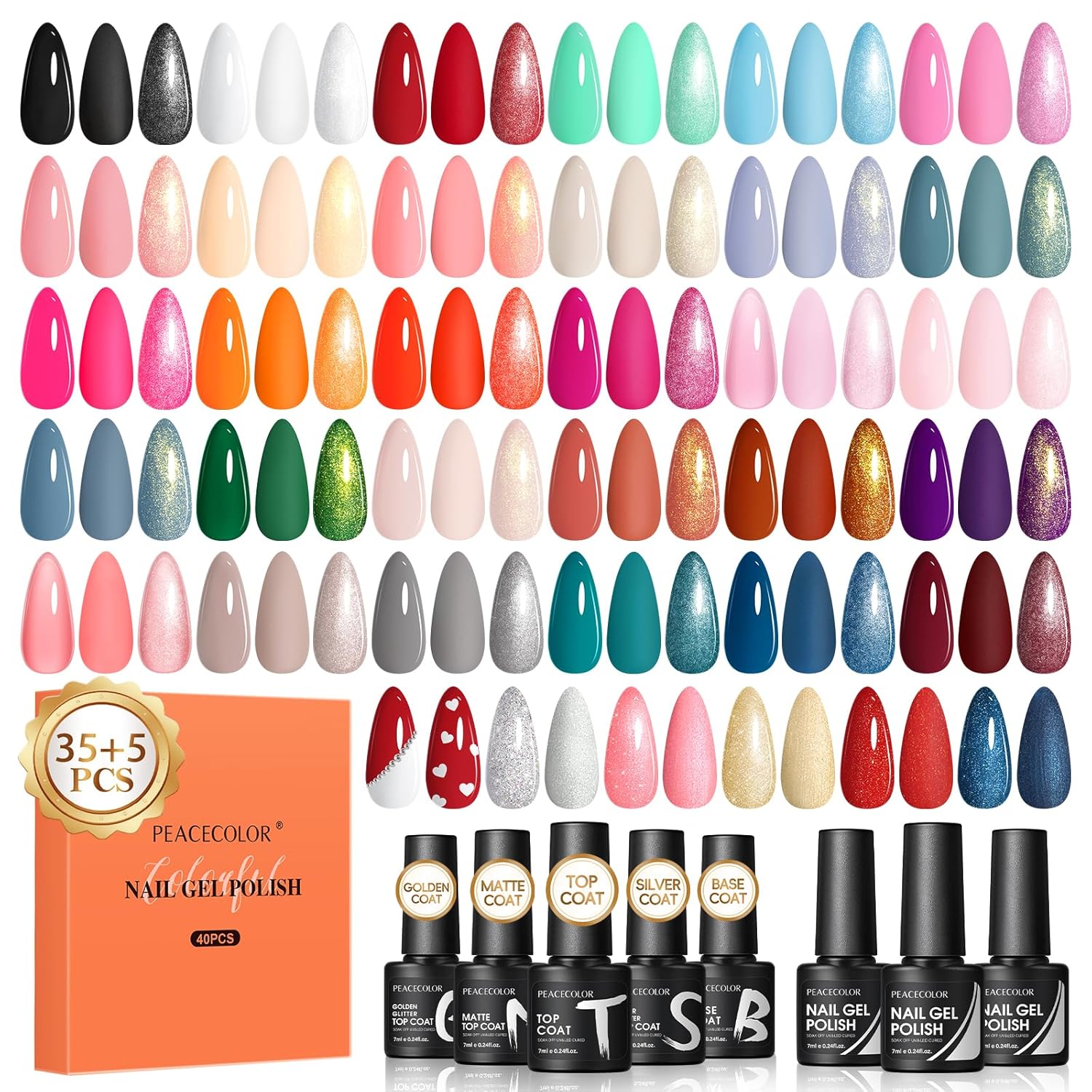 Peacecolor Gel Nail Polish Set 40PCs,Fall Gel Polish Kit 35 Colors White Nude Neutral Brown Pink Red with 5Pcs Glossy/Matte/Glitter Top Base Coat Soak Off Nail Art Gifts for Women