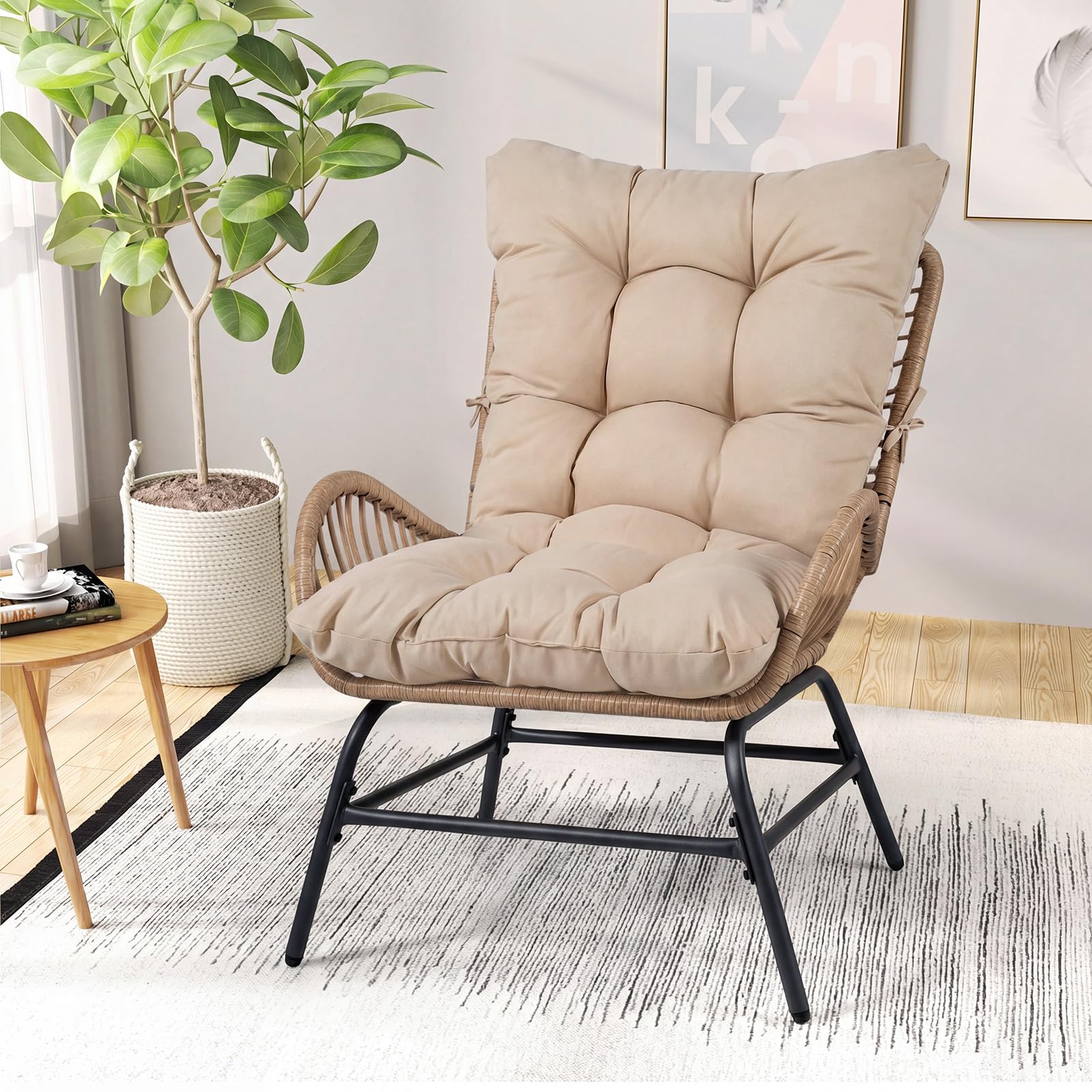 FANTASK Rattansessel Wetterfest, Gartenstuhl mit dickem Kissen bis 150 kg belastbar, Terrassenstuhl XXL, Gartensessel Rattan für Garten, Terrasse, Balkon (Khaki)