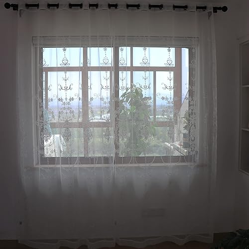 Miniatura 2 de SLOW SOUL 2 paneles de cortinas bordadas de estilo europeo blanco para ventana, tul floral europeo, para sala de estar, dormitorio, con ojales,
