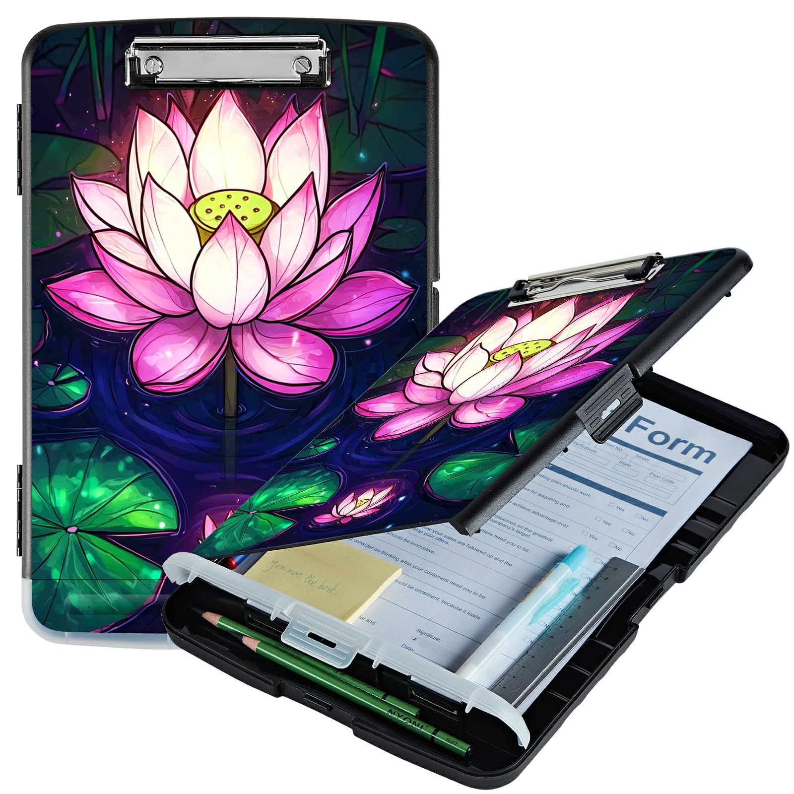 RWUTYTIUL Pink Lotus Flower A4 Clipboard with Storage Pen Holder, Clipboards Organizer Nursing Clipboard Foldable File Folder Plastic Clipboard Folio Clip Board for Office Students Classroom Doctor — image 1