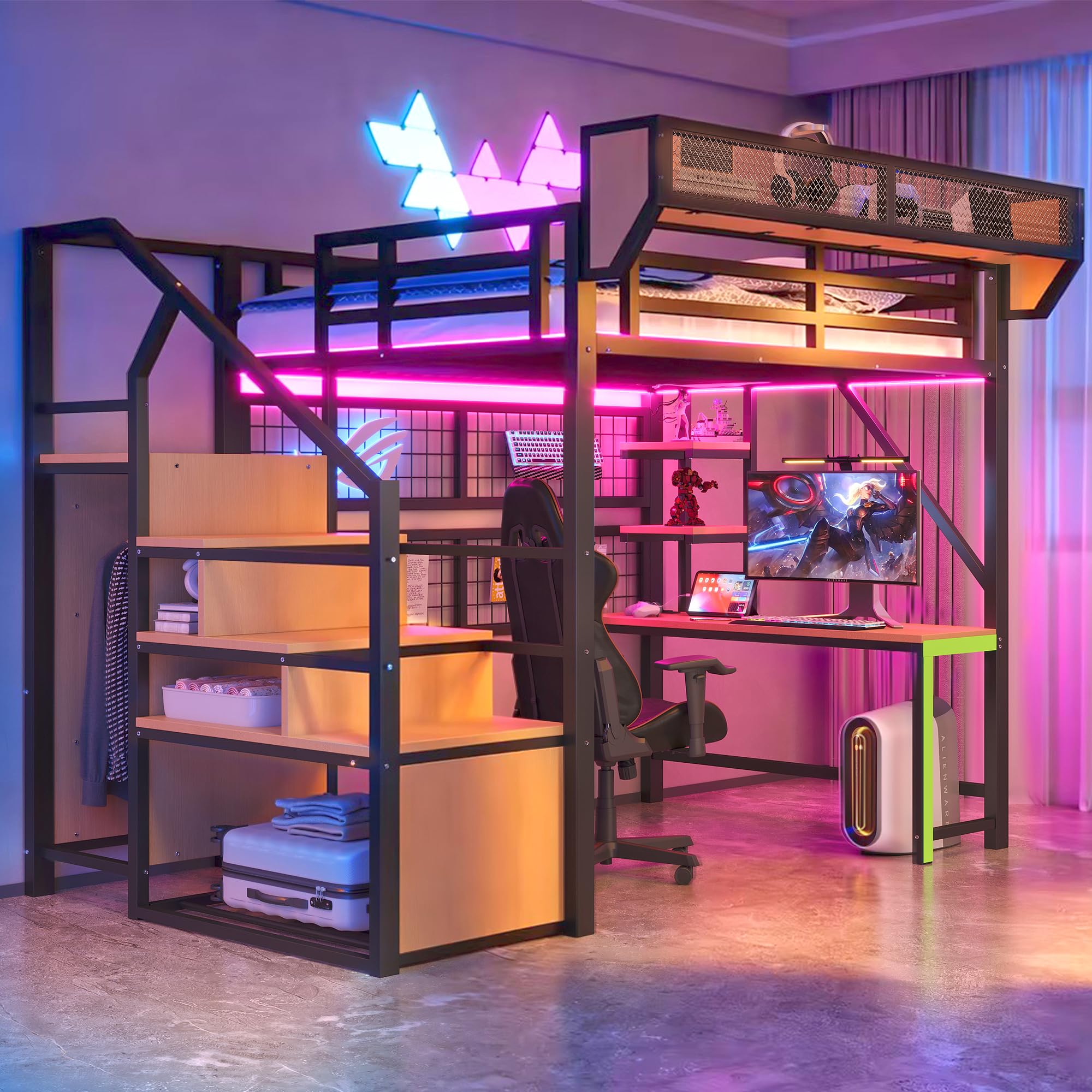 Sapgaks Lit Mezzanine 2 Places 140x200 avec LED et USB, Lit Enfant en Métal avec Bureau et étagère de Rangement Amovible, Lit Mezzanine Enfant avec échelle sécurisée, Lit 140x200 avec Rambarde, Noir