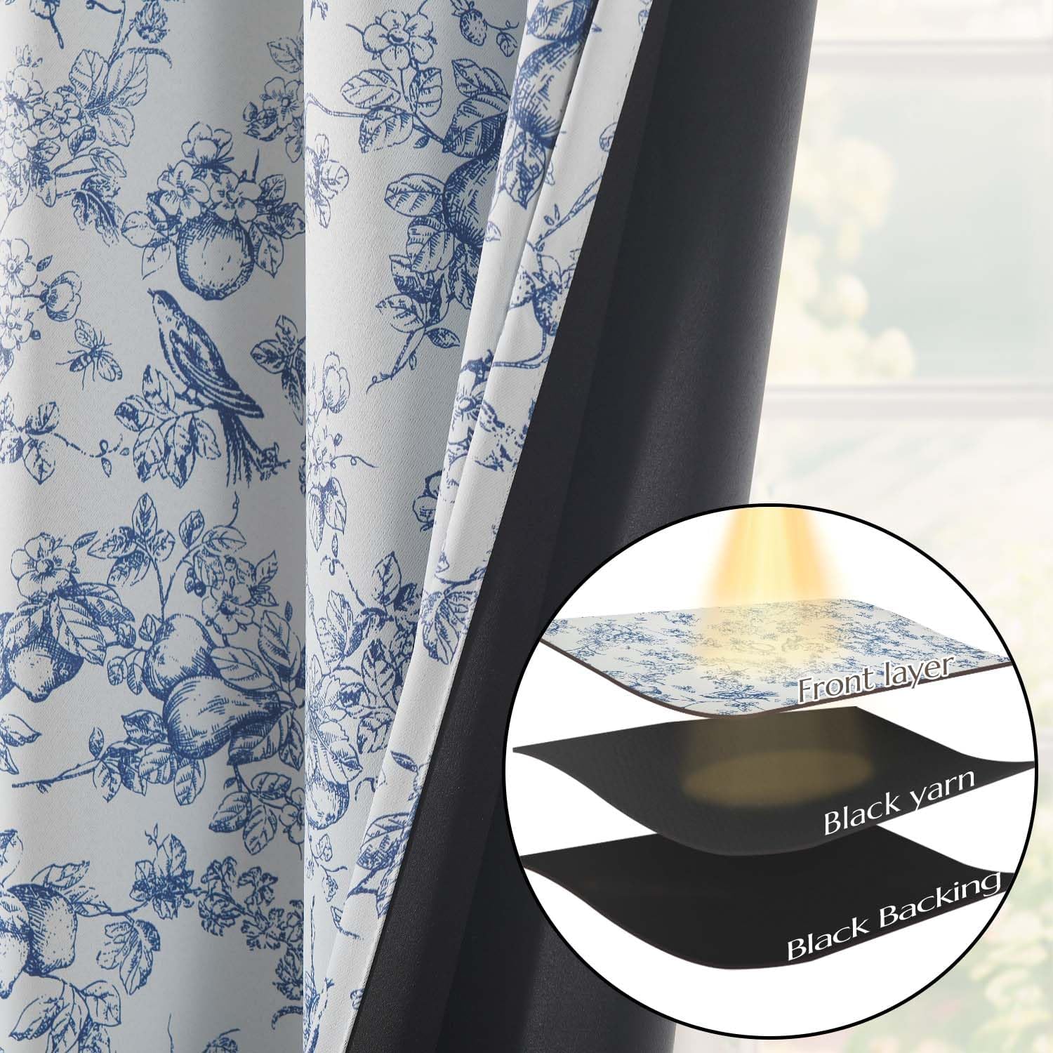 Vangao Blue 100% Blackout Curtains for Bedroom 63 Inch Length, Country Flower Floral Curtains for Living Room Toile Cottagecore Thermal Insulated Window Drapes, 2 Panels Blue and White - Image 5