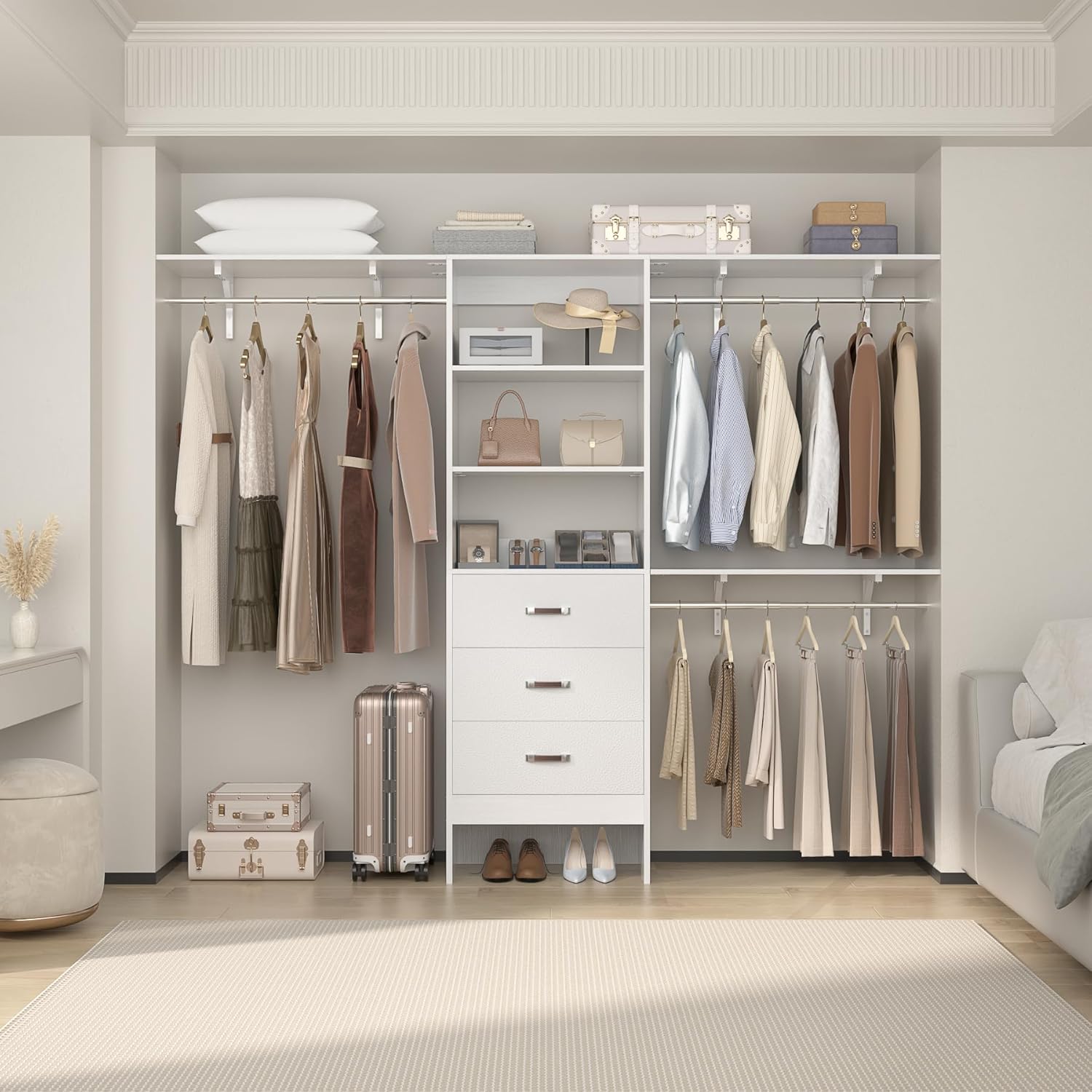 Closet System with Drawer – 8FT Wood Closet Organizer System with 3 Hanging Rods and Shelving Tower, 96″ Walk In Closet Organizer Wardrobe, White