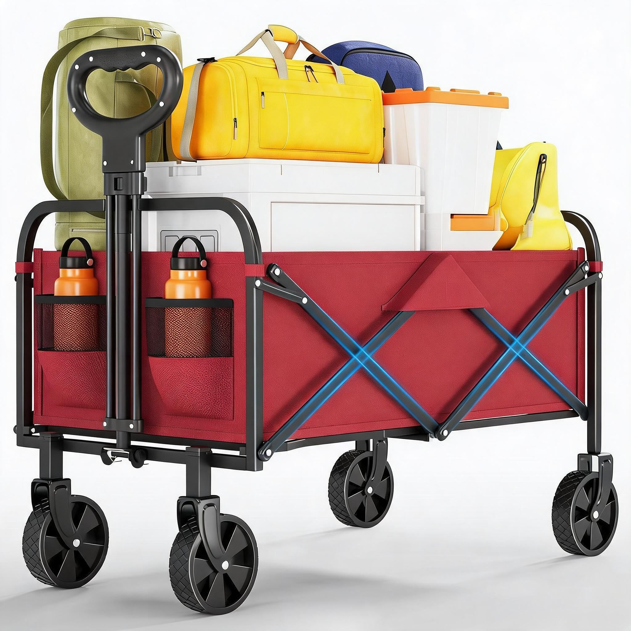 Cachpib Festival Trolley on Wheels, 220L Foldable Camping Cart, Pull Garden Wagon, All-Terrain Wheels, Adjustable Handle, Side Pocket for Camping, Beach, Garden, 380lbs Capacity
