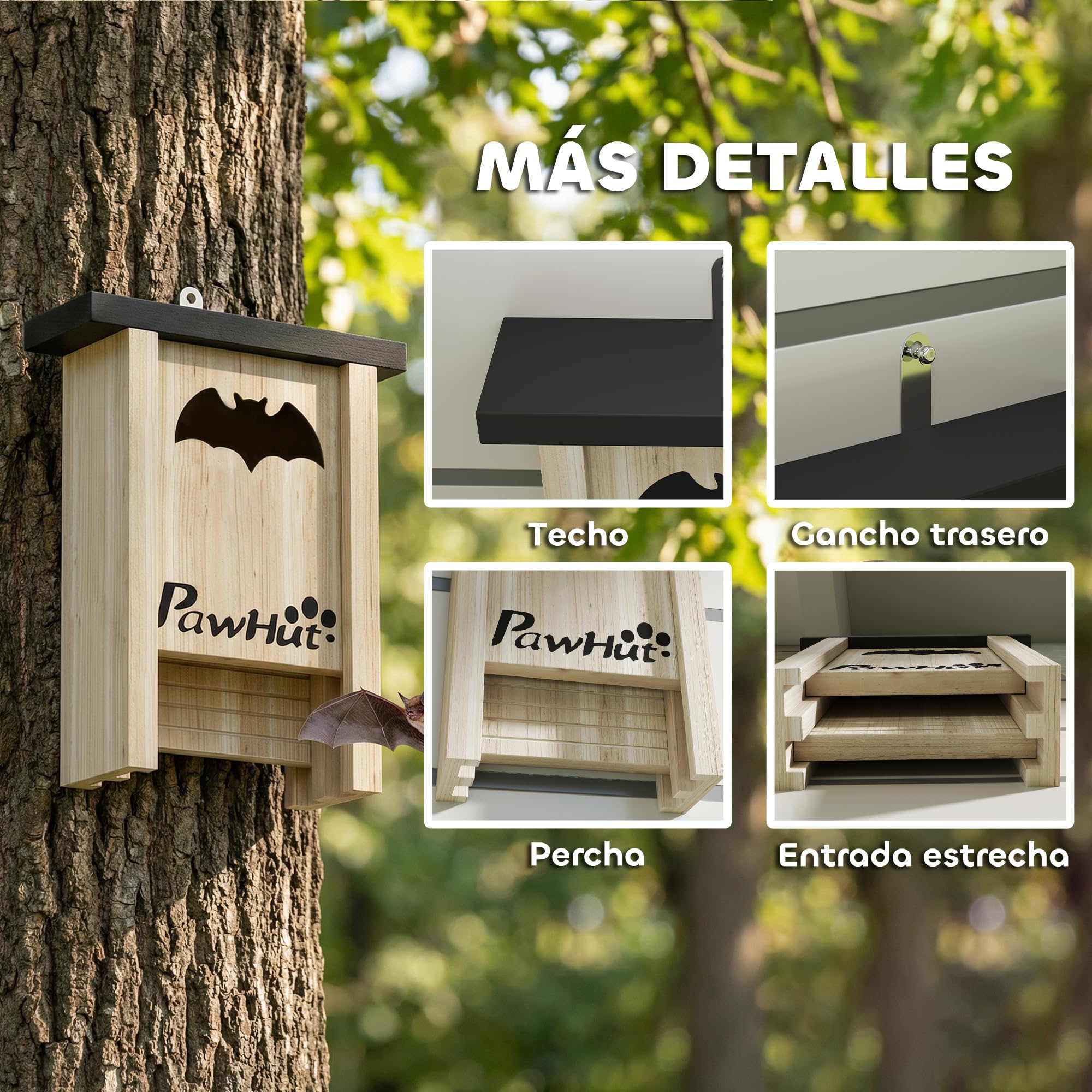 PawHut Pack de 3 Casas para Murciélagos de Madera Maciza, Cajas para Murciélagos, Resistente a la Intemperie, para Exterior, Jardín, Huerto o Granja, con Plataforma de Aterrizaje, Fácil de Colgar