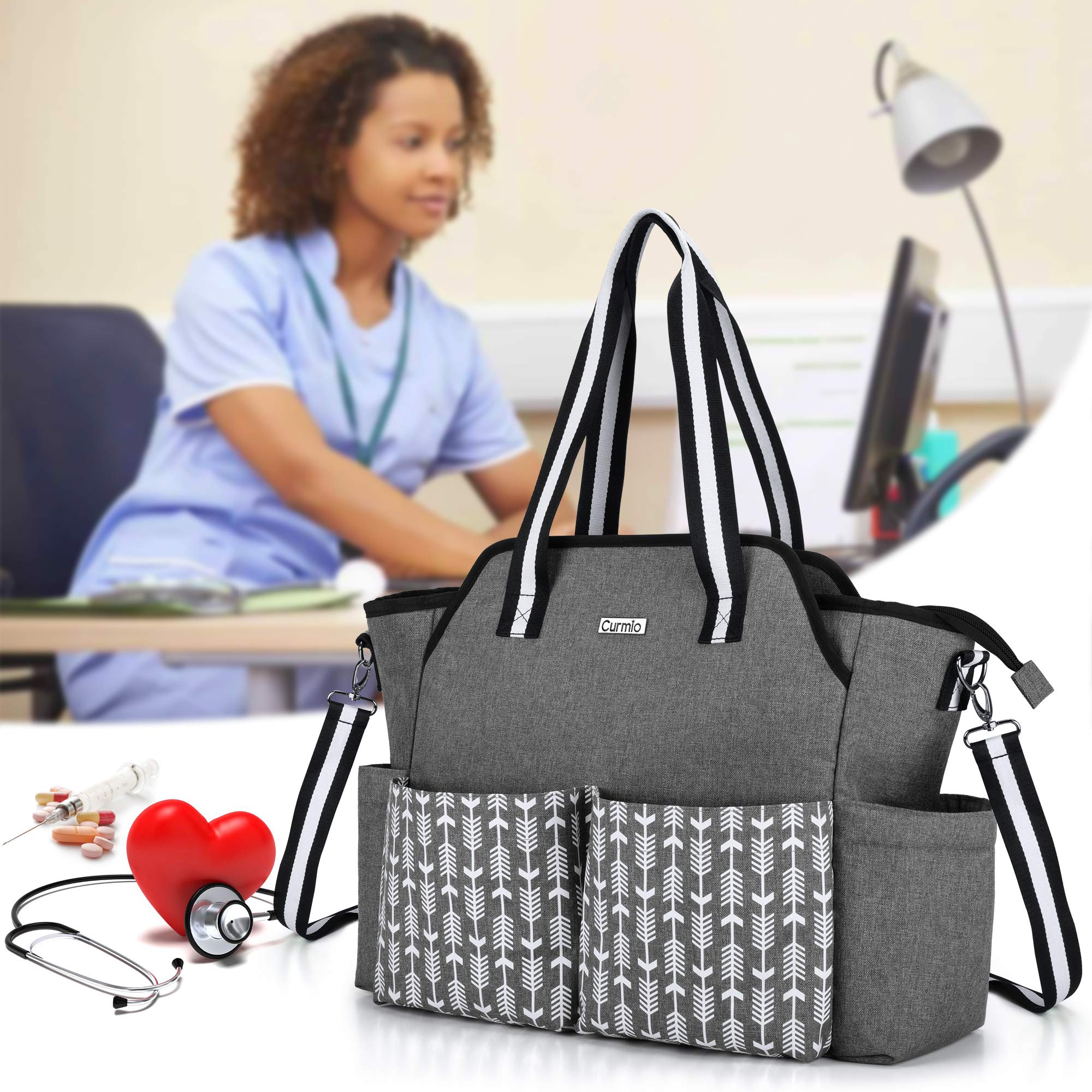 CURMIO Borsa per infermiere, borsa portatile per forniture mediche con tracolla per visite a domicilio, studio clinico, assistenza sanitaria, solo borsa, Grigio
