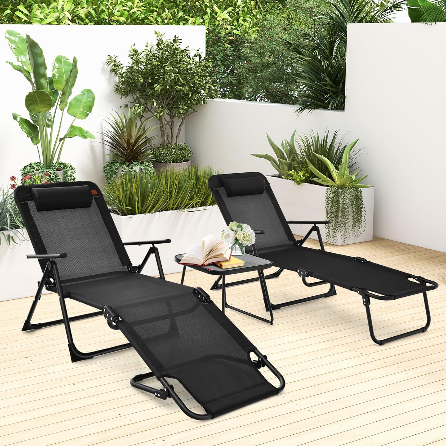 Tangkula 3-Piece Folding Outdoor Chaise Lounge Chair Set, 2 Recliner Chairs & 1 Patio Bistro Table w/Adjustable Backrest, Weatherproof PVC Tabletop, Portable Sunbathing Chairs for Beach Yard Poolside