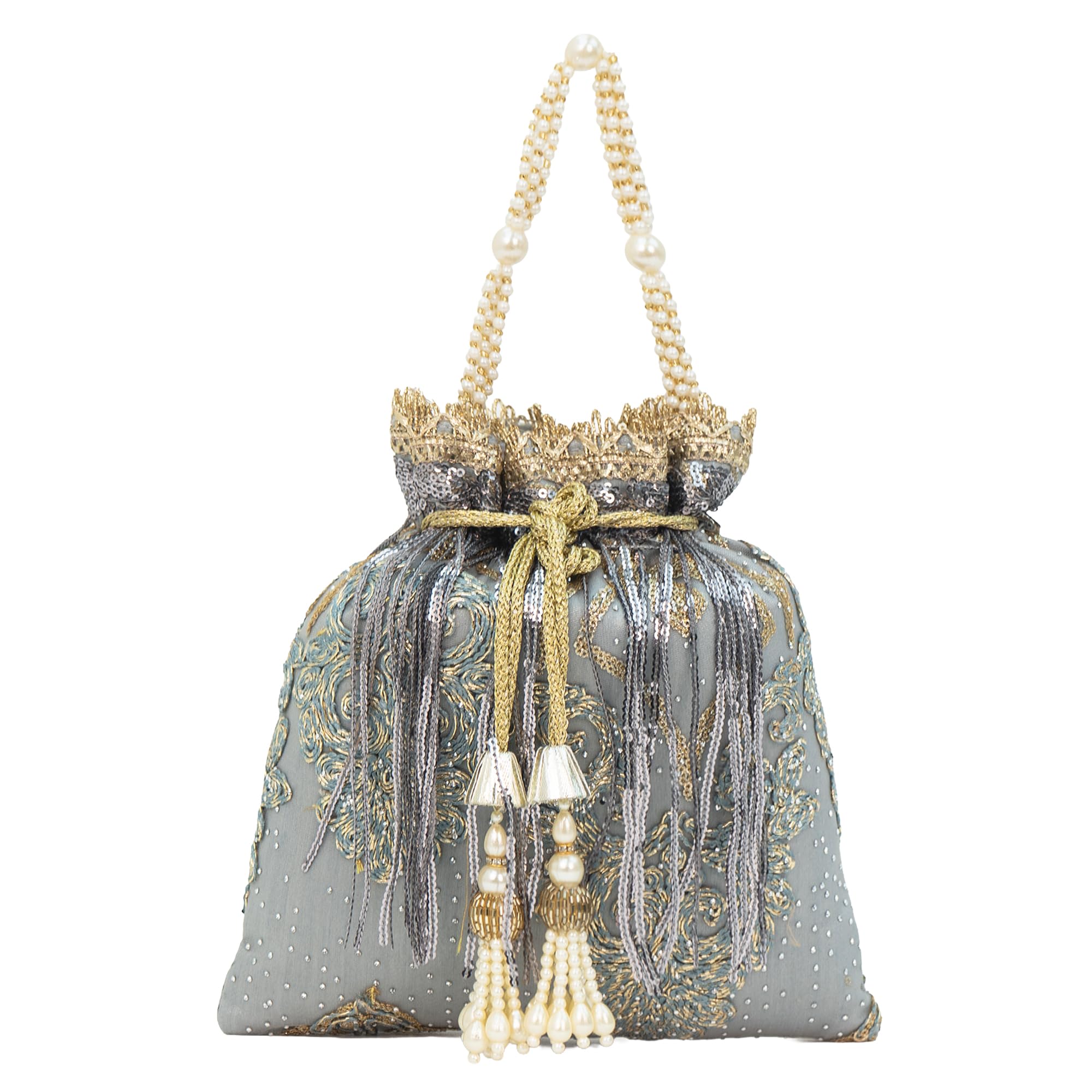 Royal Grace Potli Bag, Handcrafted Embroidery with Pearl Handle, Wedding & Festive-image-37
