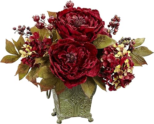 Nearly Natural 4928 Arreglo floral de seda de peonía y hortensia rojo