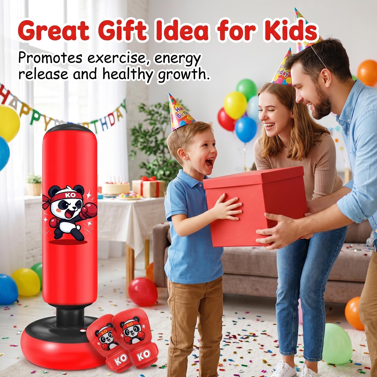 Sacco da boxe gonfiabile per bambini: Qoosea 122 cm, guantoni da boxe e pompa ad aria, giocattolo con dinosauro, regalo per bambini dai 3 agli 8 anni, sacco da boxe autoportante, facile da gonfiare