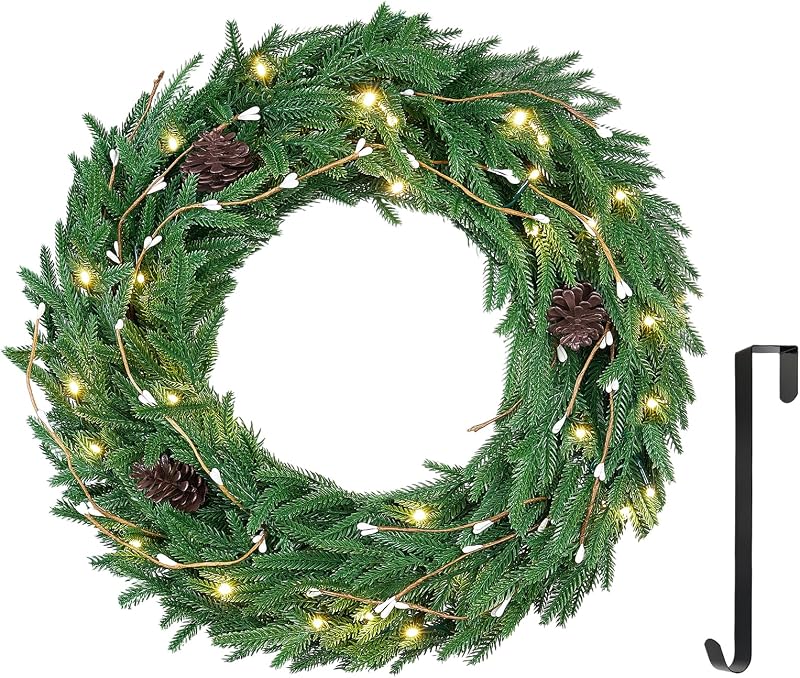 ELYKEN 22'' Christmas Wreath with 30 LED Lights for Front Door | Xmas Wreath with Hanger, Pre-Lit Artificial Wreath Christmas Decorations with Red Berry Pine Cone for Indoor Outdoor Use