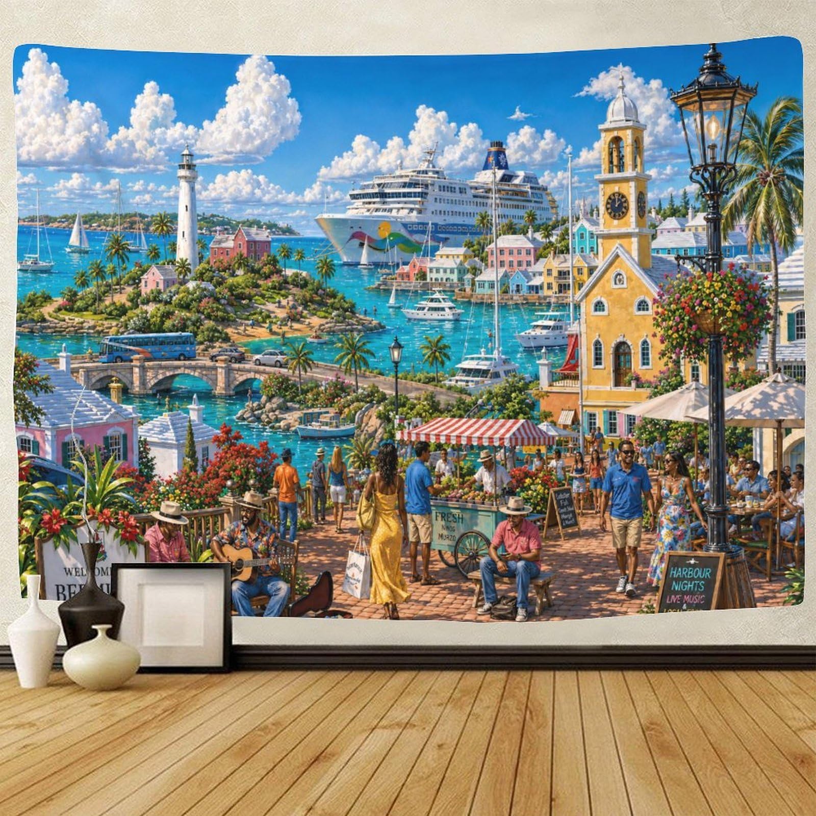 ASDFGHJKLZA Bermuda Harbor 3D Print Tapestry for Bedroom Wall Art Decor Cruise Ship Tapestries Poster Curtain Bedroom Dorm 130cmx150cm