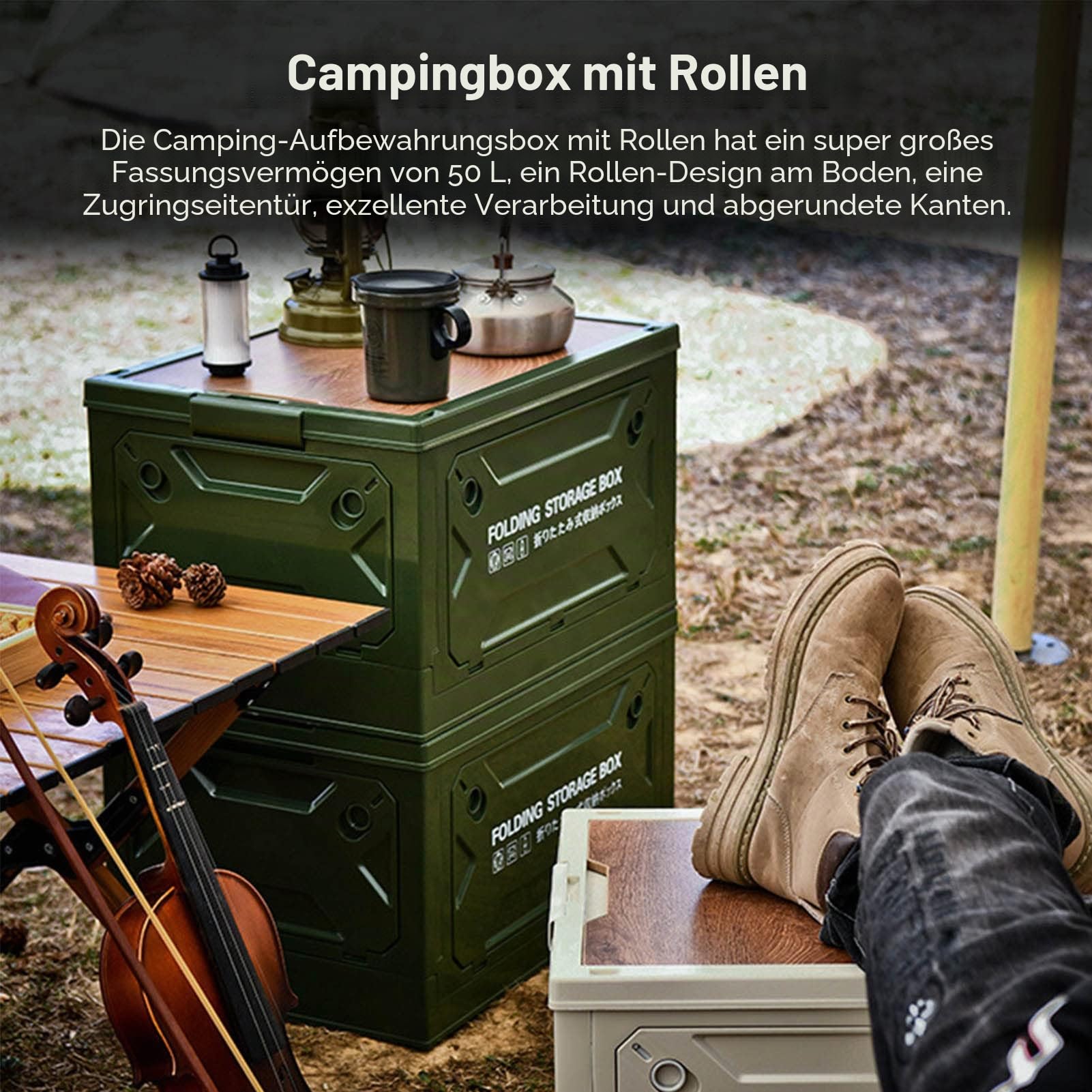 Pssopp Faltbare Camping Aufbewahrungsbox, 50L Transportbox mit Rädern, OD-Grün, für Auto und Outdoor