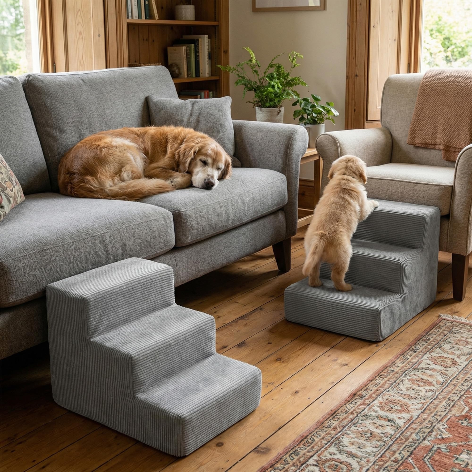murando Hundetreppe für Kleine Hunde 3 Stufen 30 cm, Cord - Grau | Haustiertreppe für Bett, Sofa, Belastbar bis 17 kg, Treppe für Hunde und Katzen - Hochdichter Schaumstoff, Rutschfest