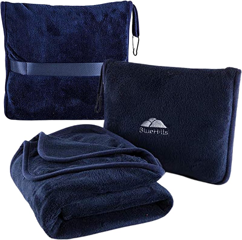 Premium Soft Travel Blanket Pillow Airplane Compact - Navy Blue | Convertible 2 in 1 Travel Blanket to Pillow, Packed in Pillowcase, Luggage Strap & Carabiner, Compact, Long Flight Essentials