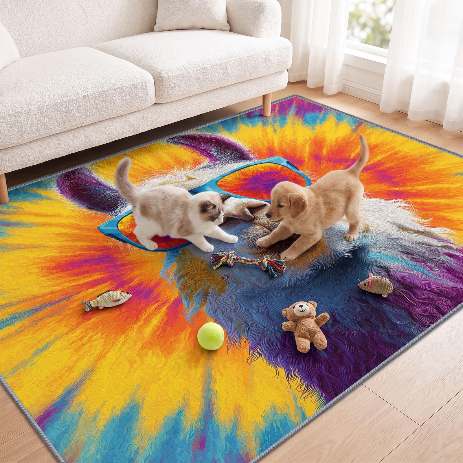 Générique Tapis Salon Mouton Tie-Dye 100 x 160 cm, Lavable en Machine Tapis de Sol Bohème Doux Antidérapant pour Entree Interieur, Chambre, Salle à Manger