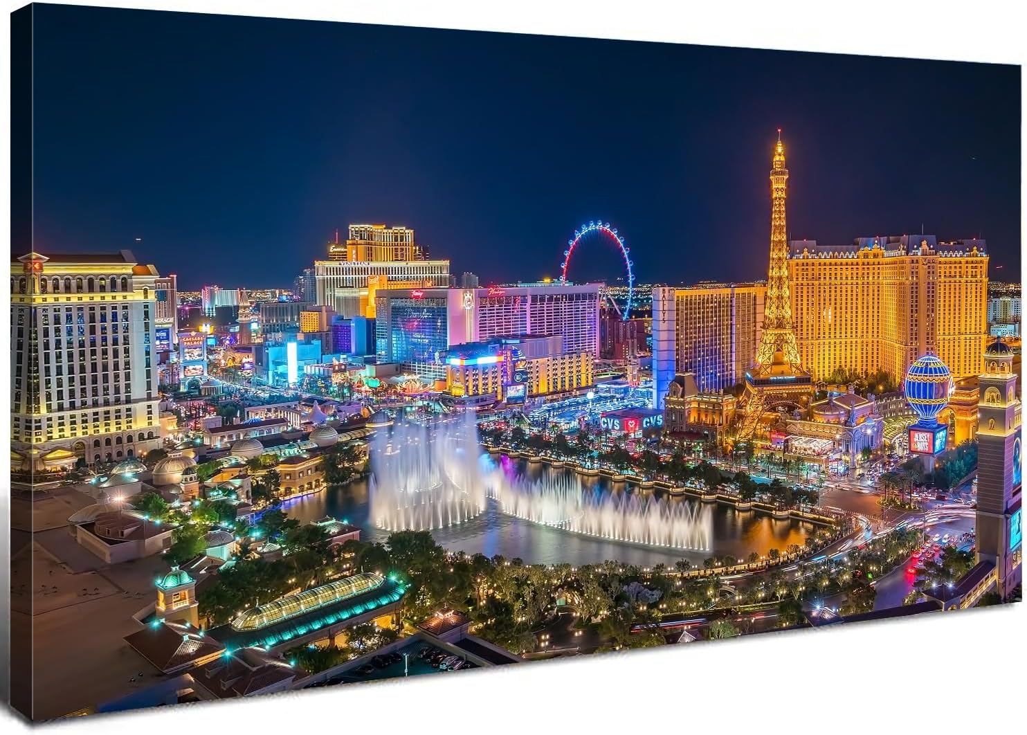 Las Vegas Skyline Wall Art American Cityscape Wall Decor City Night View Canvas Prints Picture Bellagio Fountain Skyscraper Painting Modern Artwork for Bedroom Living Room Home Decoration 20x40”