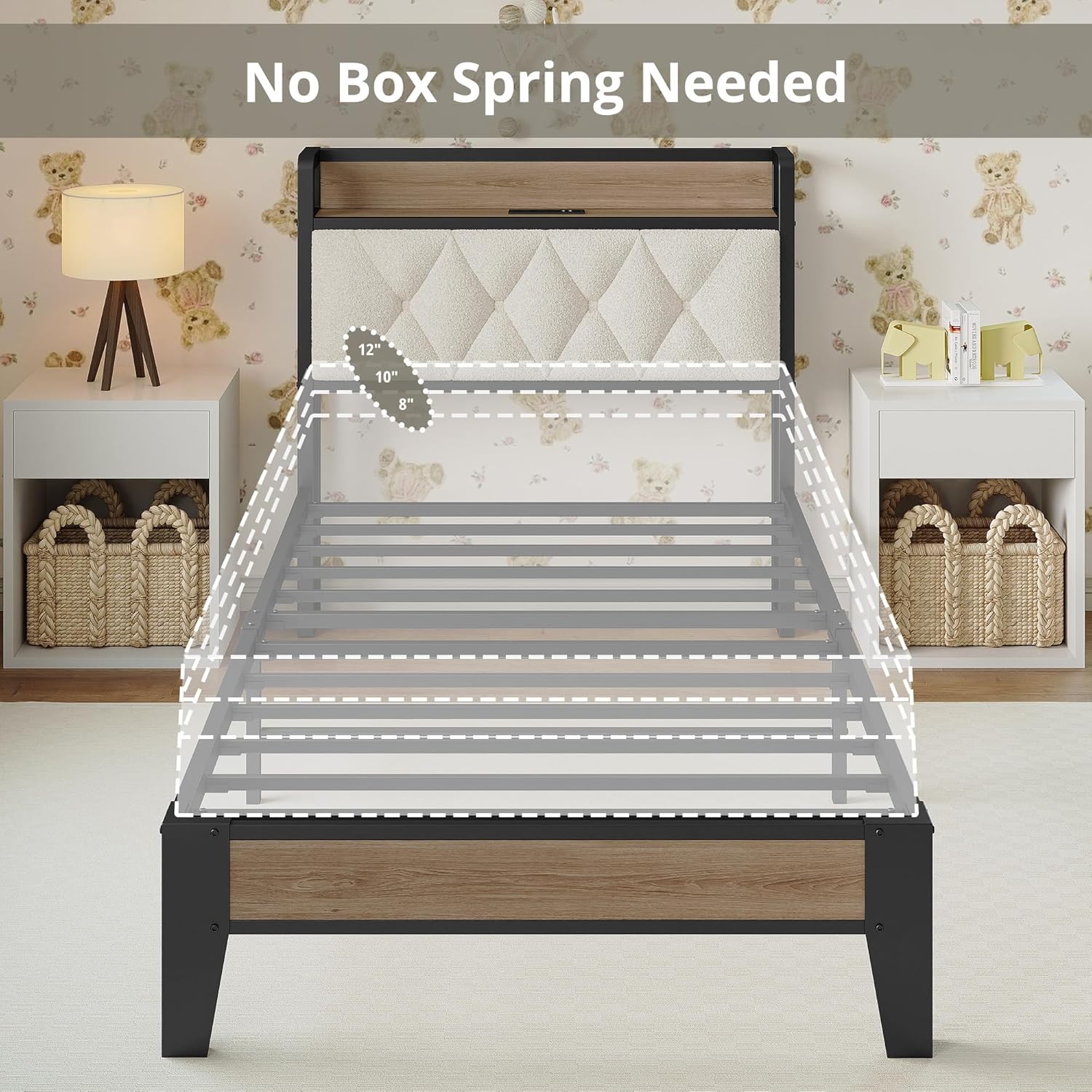 ANCTOR Twin Size Bed Frame, Storage Headboard with Charging Station, Platform Bed Frame with Strong Metal Support, Sturdy and Stable, Noise Free, No Box Spring Needed, Easy Assembly, Wood and Cream
