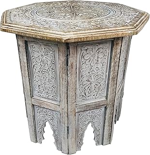 The Urban Port Farmhouse Wooden Side Table with Engraved Design and Octagonal Top