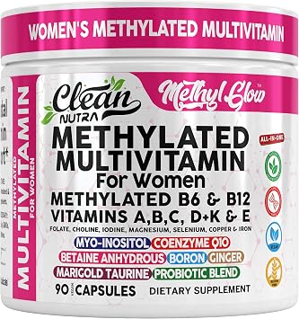 Methylated Multivitamin for Women Vitamins B6 Methyl B12 A B C D K E Folate Choline Omega 3 Thiamine Riboflavin Iron Iodine Magnesium Zinc Selenium Copper Calcium 90 Capsules by Clean Nutra