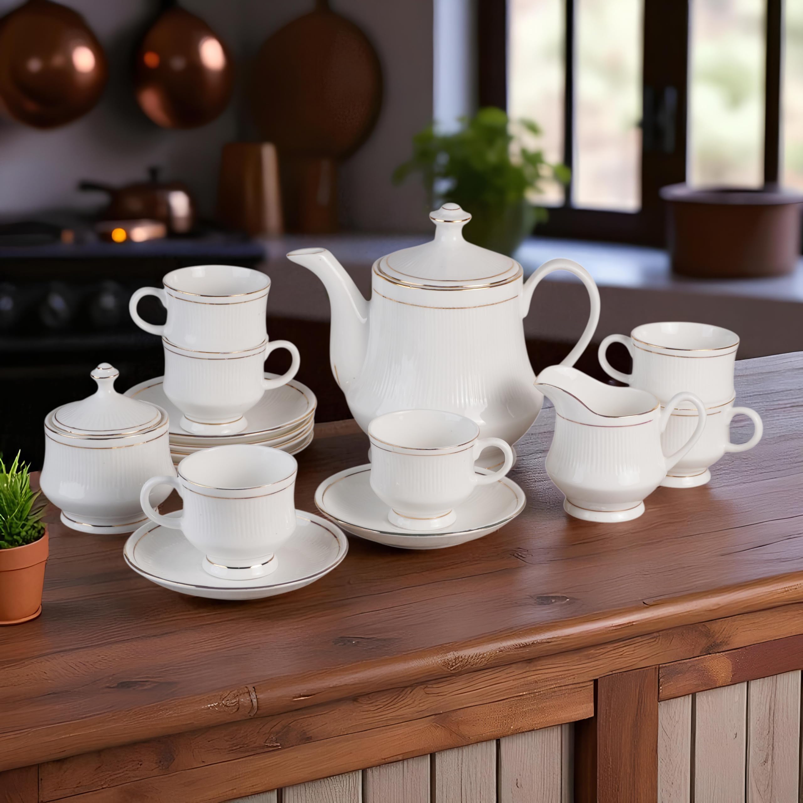 Bone China Tea Set Gold Line in Royal Look(Set of 15 Pieces:6 Cups::6 Saucers::1 Milk Pot::1 Kettle& 1 Sugar Pot)
