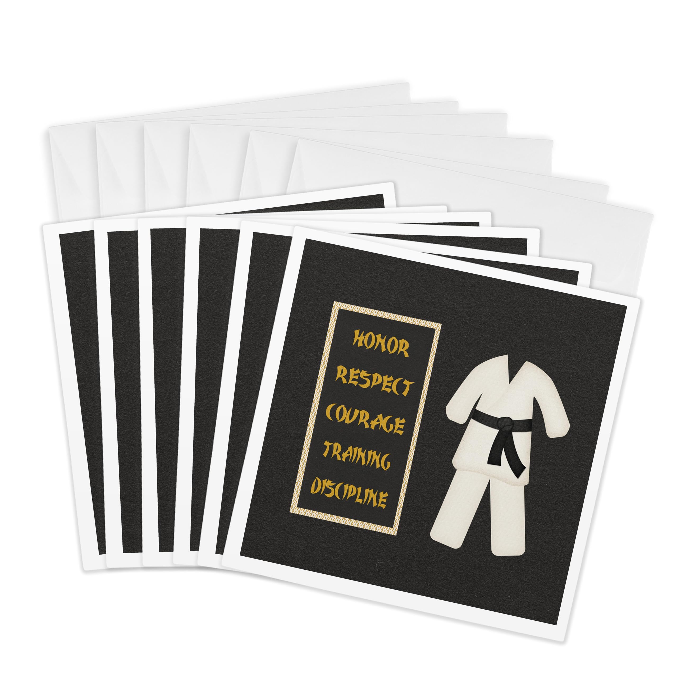 3dRose Greeting Cards - Karate Karategi Uniform Black Belt Honor Respect Courage Train Discipline - 6 Pack - Sports Design