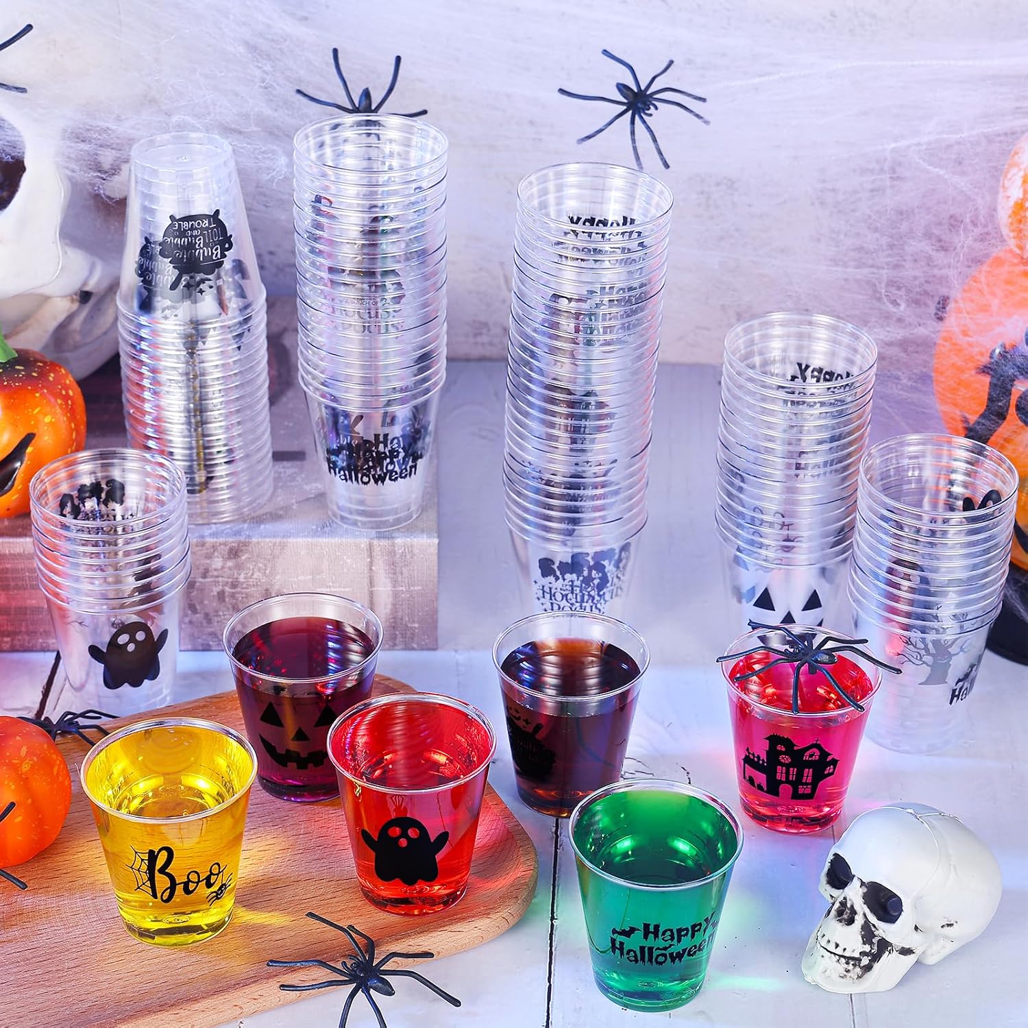Booson 108 Pcs Disposable Plastic Shot Glasses - 1.69 Oz Clear Pumpkin Witch Whiskey Drinking Cups for Halloween Decoration & Trick or Treat Supplies, 9 Designs