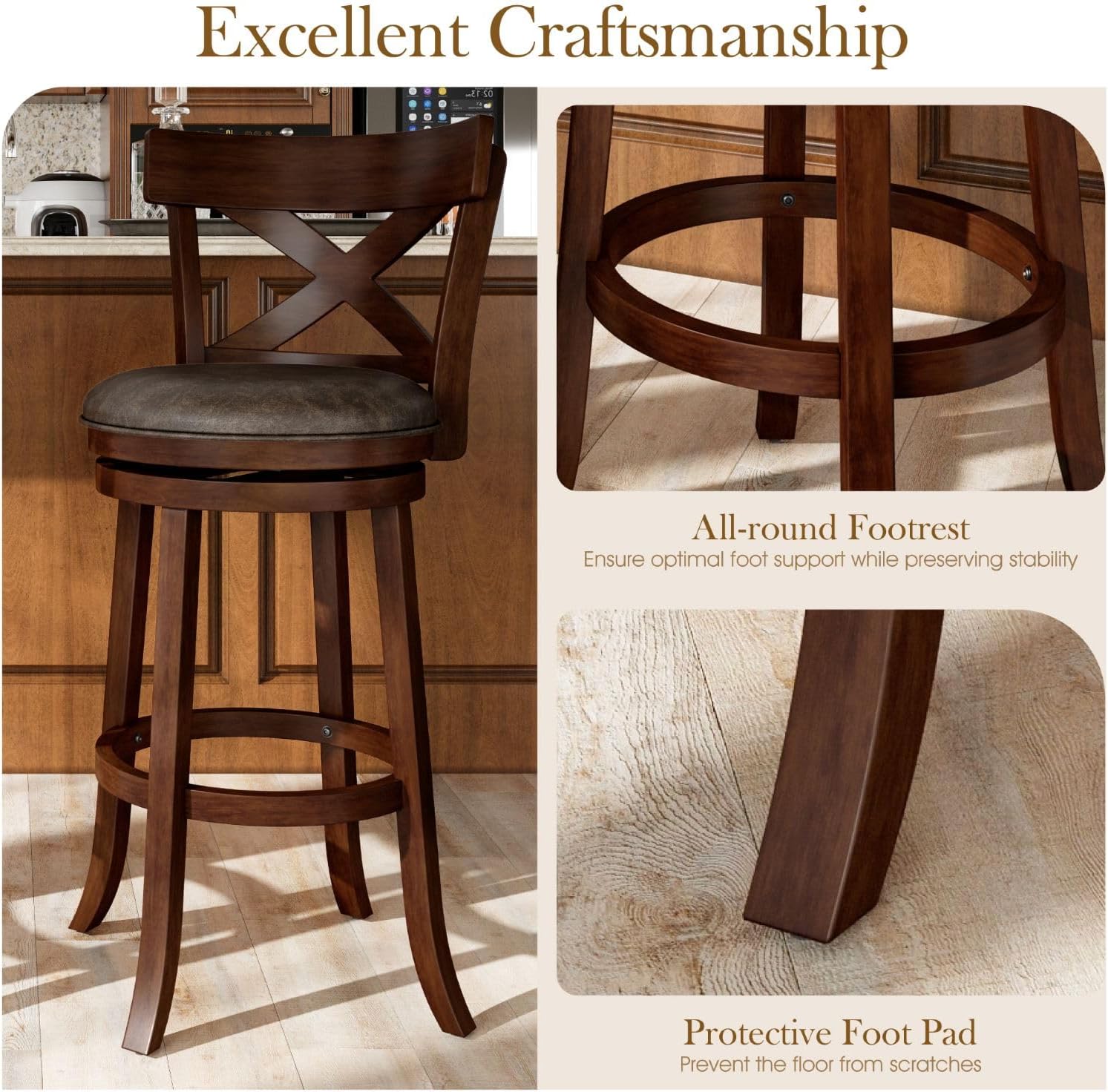Sophia & William Swivel Bar Stools Set of 4, 30 Inch Bar Height Barstools with Cross Back & Walnut Wood Legs,Faux Leather Kitchen Stools, Brown