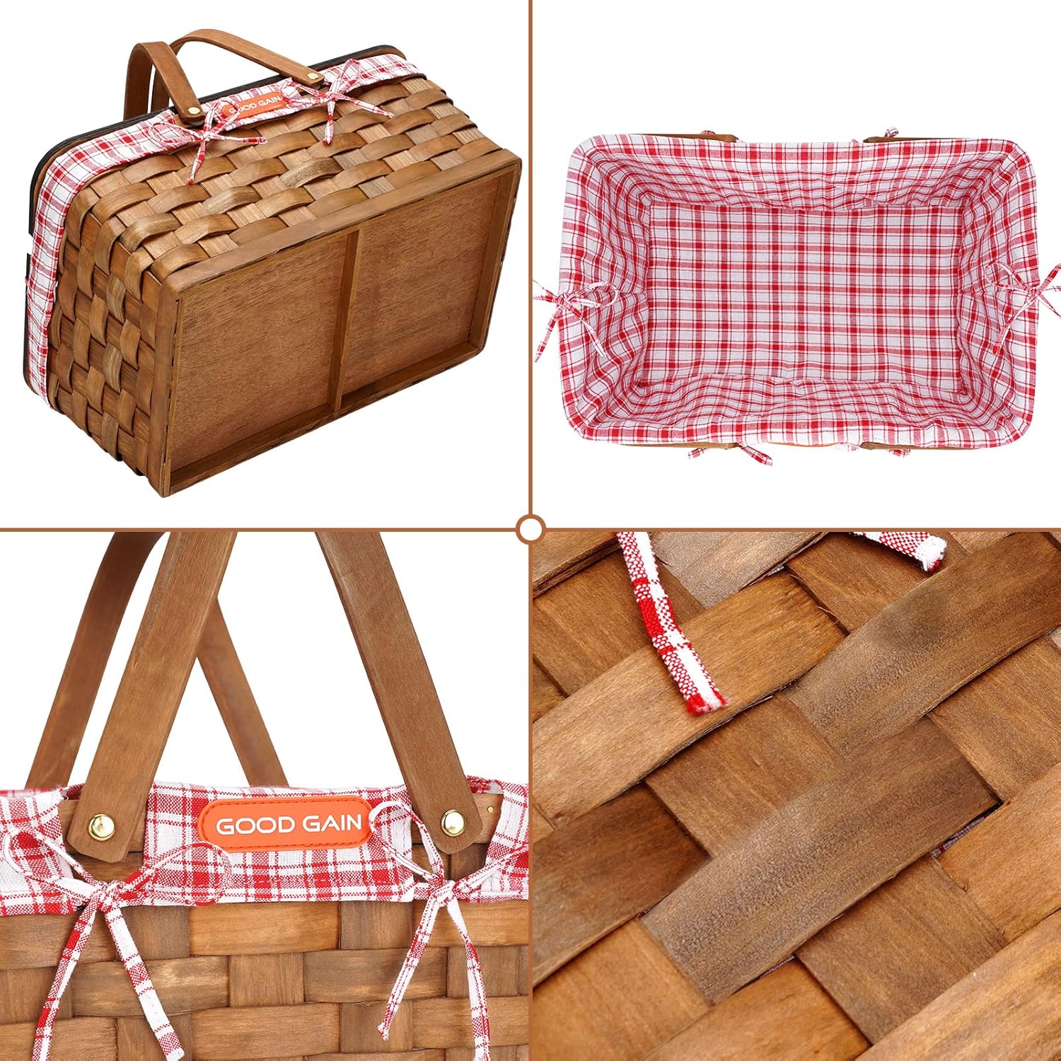 Woodchip Picnic Basket with Portable Wine Table, Woven Basket with 2 Swing Handles & Removable Lining, Empty Large Basket for Picnic, Outdoor, Camping, Family, Party, Wedding Gifts for Couple. RED : Patio, Lawn & Garden