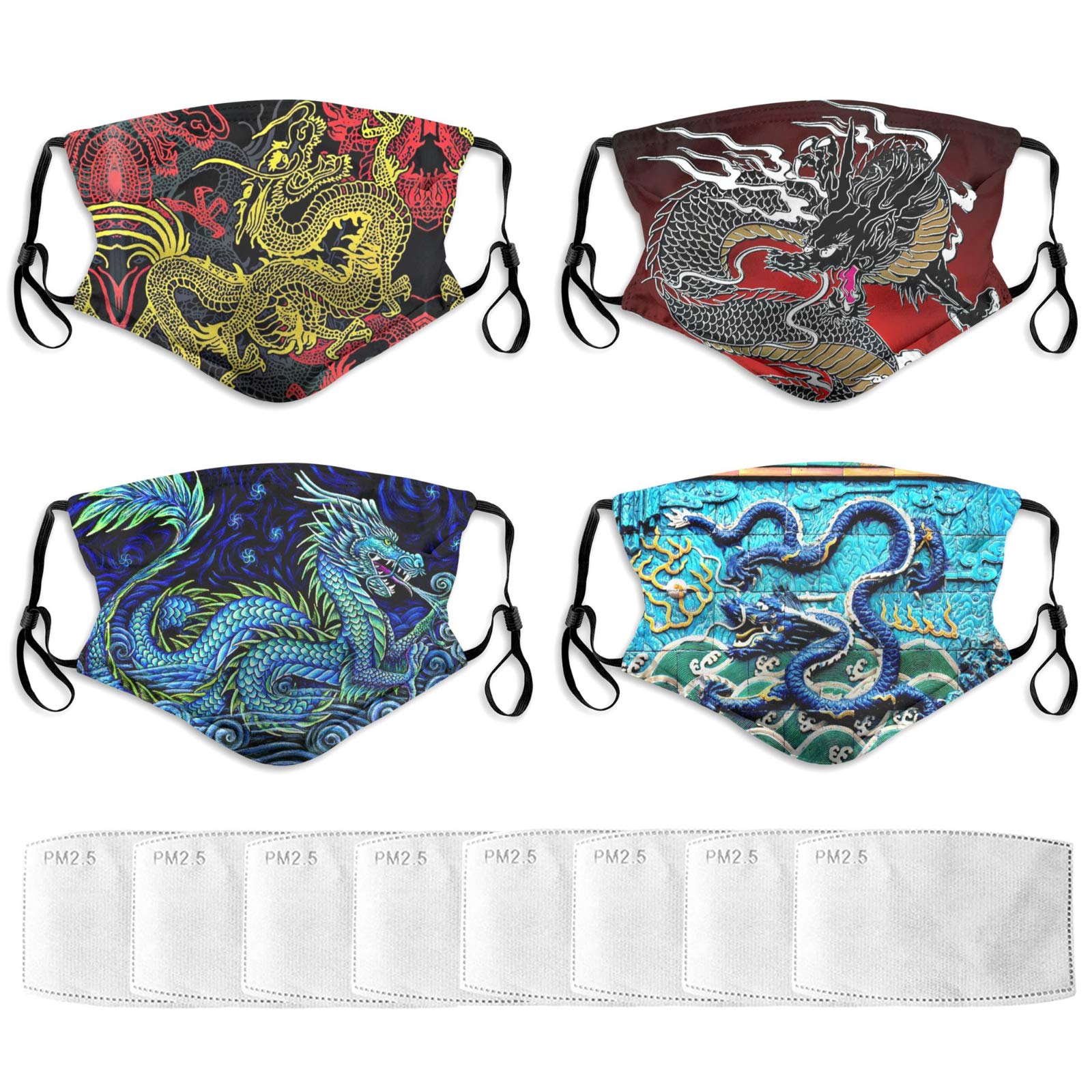 Chinese Dragon Face Mask 4PCS with 8 Filters Washable Reusable Adjustable Funny Face Bandanas for Women Men Made in USA