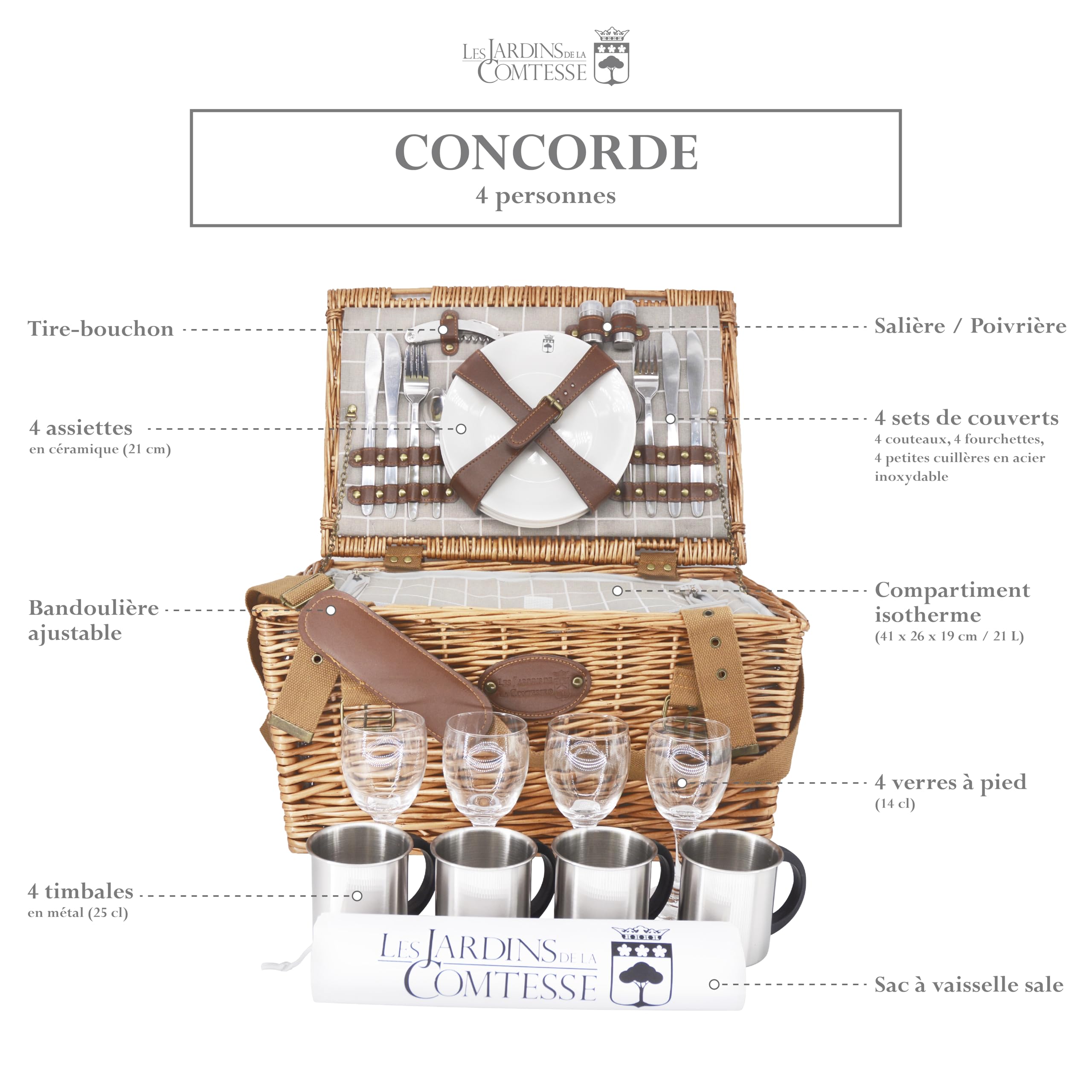 Les Jardins de la Comtesse - Panier Pique-Nique Concorde en Osier - 4 Personnes/Glacière Isotherme/Assiettes/Verres à Vin/Timbales en Aluminium - Tissu Couleur Blanc et Gris - 47 x 31 x 24 cm