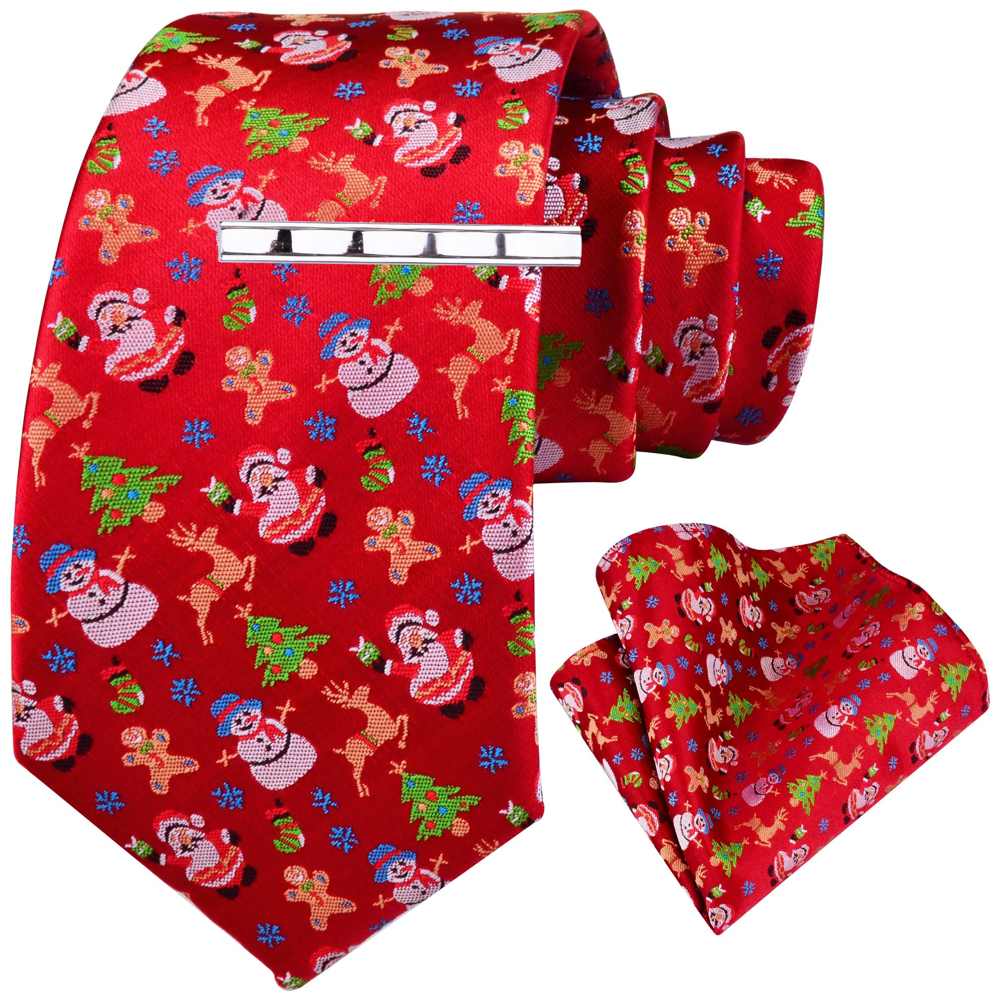 Gusleson Red Santa Claus Tie Christmas Ties for Men Necktie and Pocket Square Set (UK0959-10)