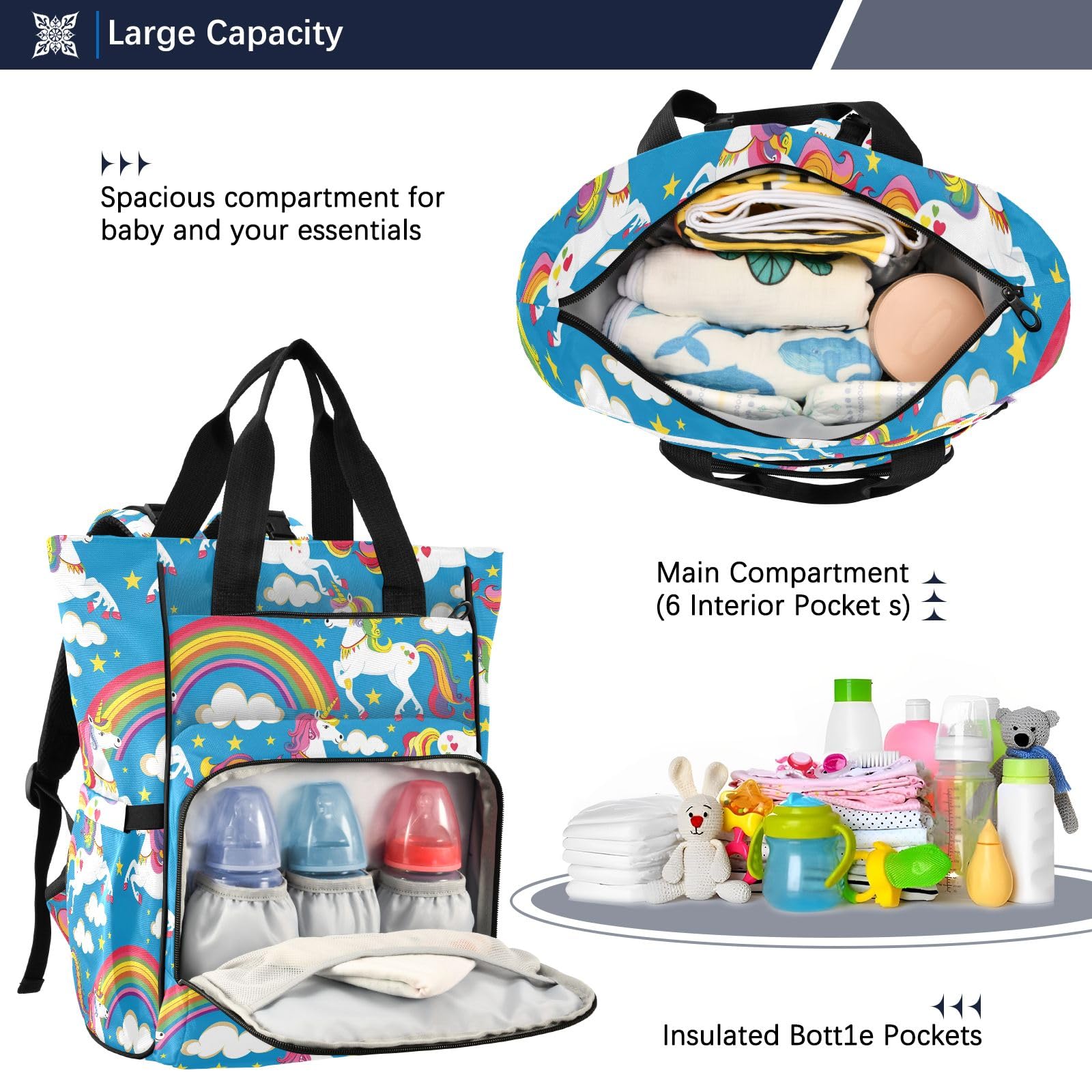 Mnsruu Unicorn and Rainbow2 - Zaino per pannolini per bambini, impermeabile, da viaggio, per mamme e papà