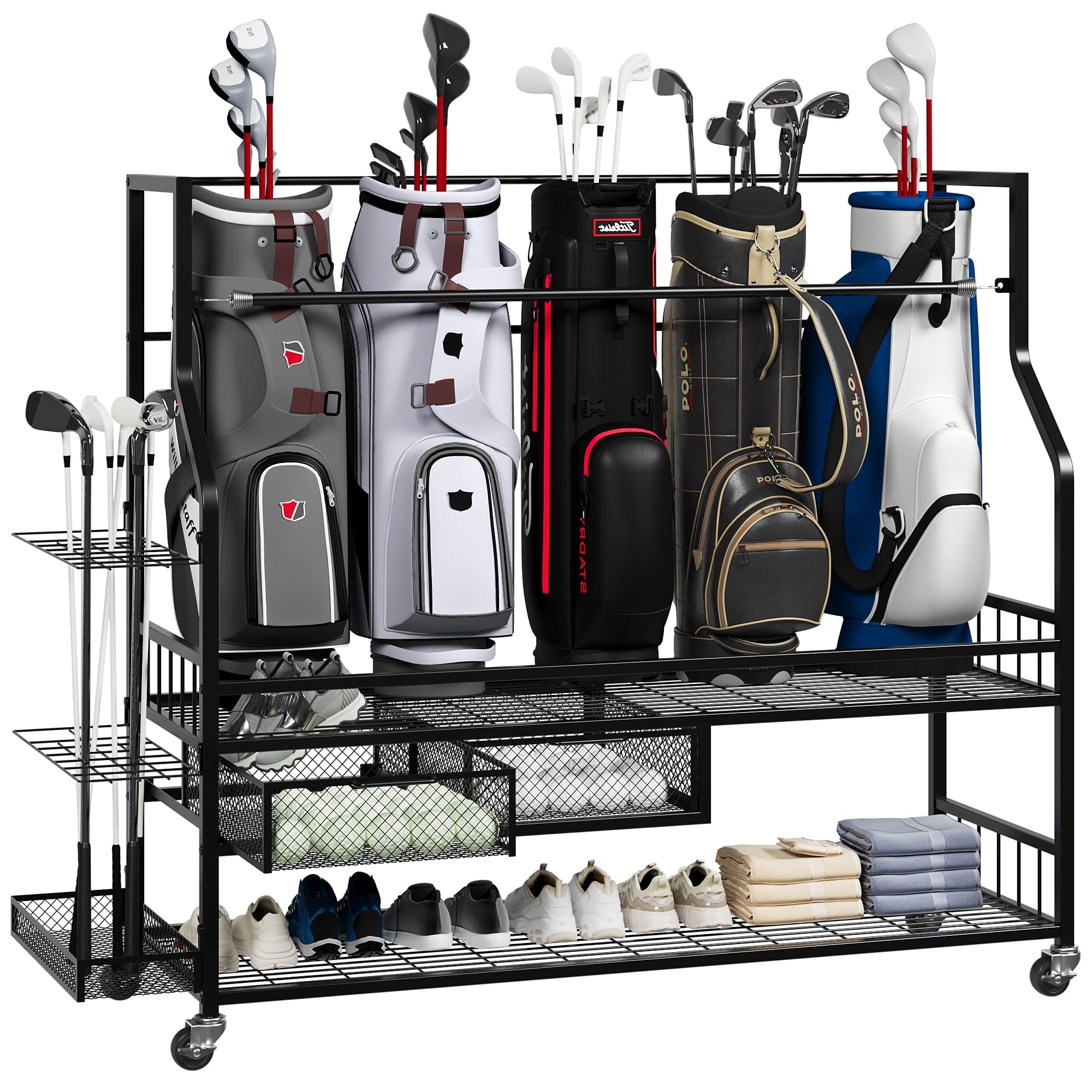 CuteHairy Golf Bags Storage Organizer- Golf Bag Stand for Golf Equipment Accessories, Golf Bag Storage Rack with Wheels, Golf Club, Golf Gear Organisers