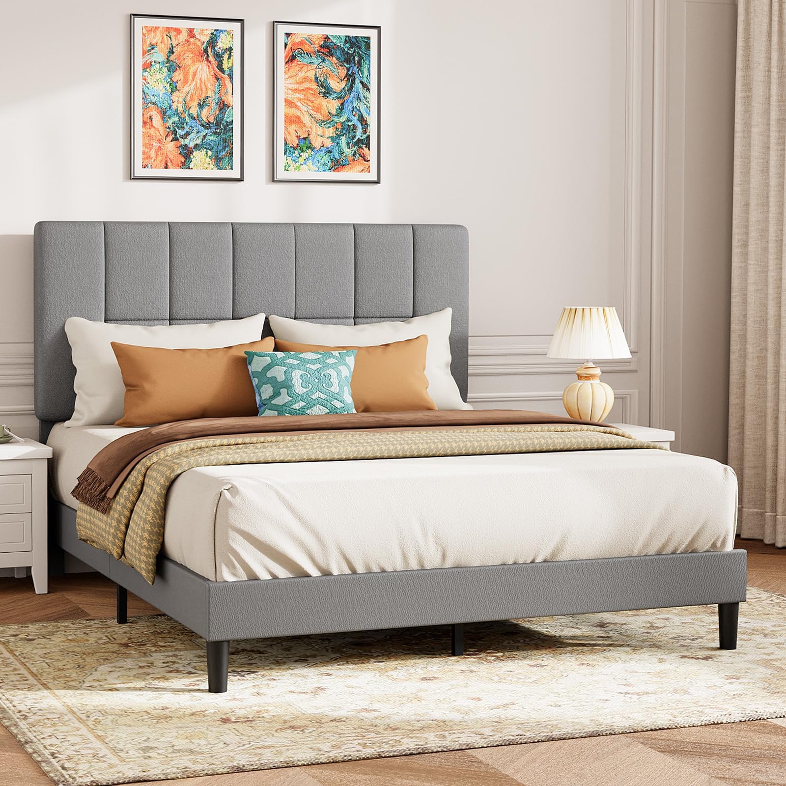 Pipishell Queen Size Platform Bed Frame with Fabric Upholstered Headboard and 12 Wooden Slats Support,Upholstered Platform Bed Frame with Space for Under-Bed Storage,No Box Spring Needed,Easy Assembly