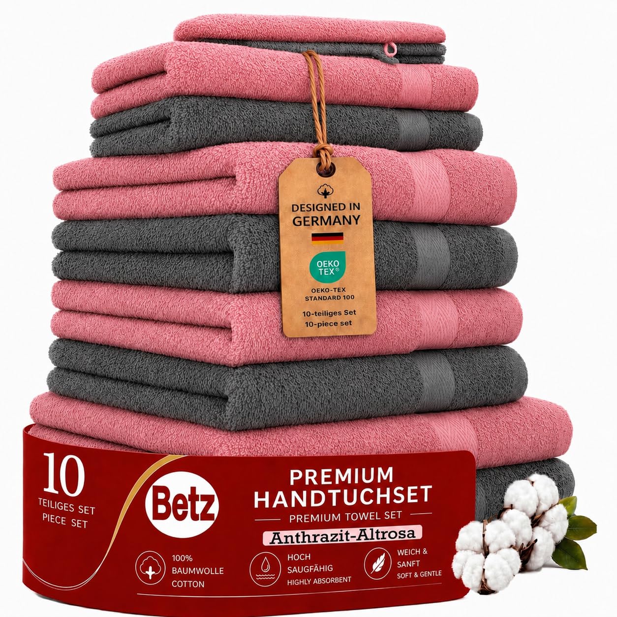 Betz set di 10 asciugamani Premium 100% cotone 2 teli doccia 4 asciugamani 2 asciugamani per ospiti 2 guanti da bagno colore antracide e rosa antico