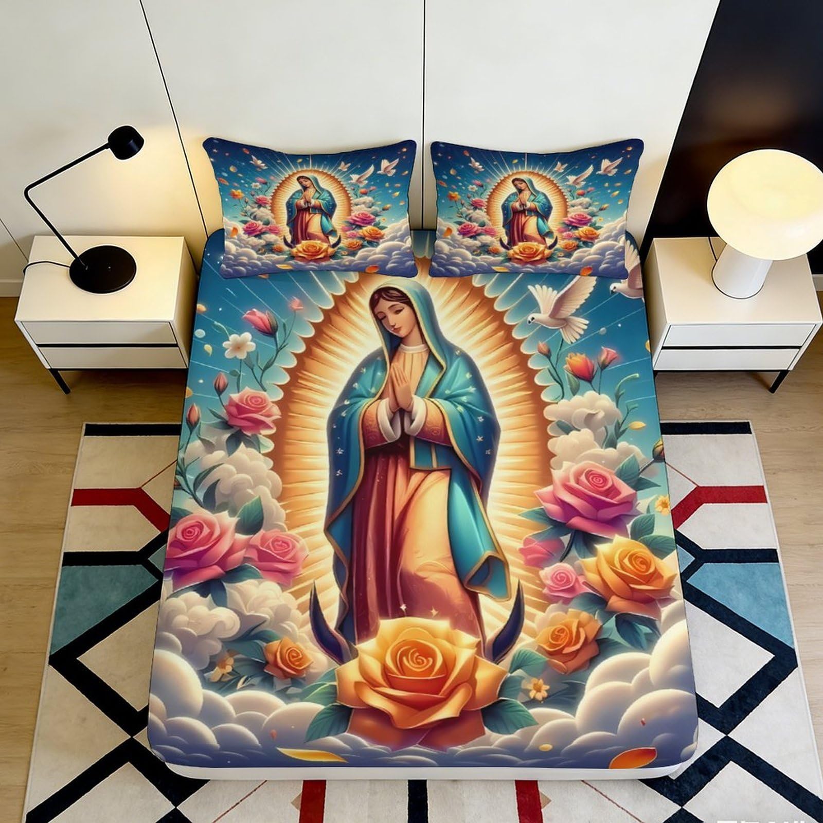 3D Printed Virgin Mary Fitted Sheet Microfiber Floral Religious Art Mattress Cover for Bedroom Guest Room Decor 90x200x25cm