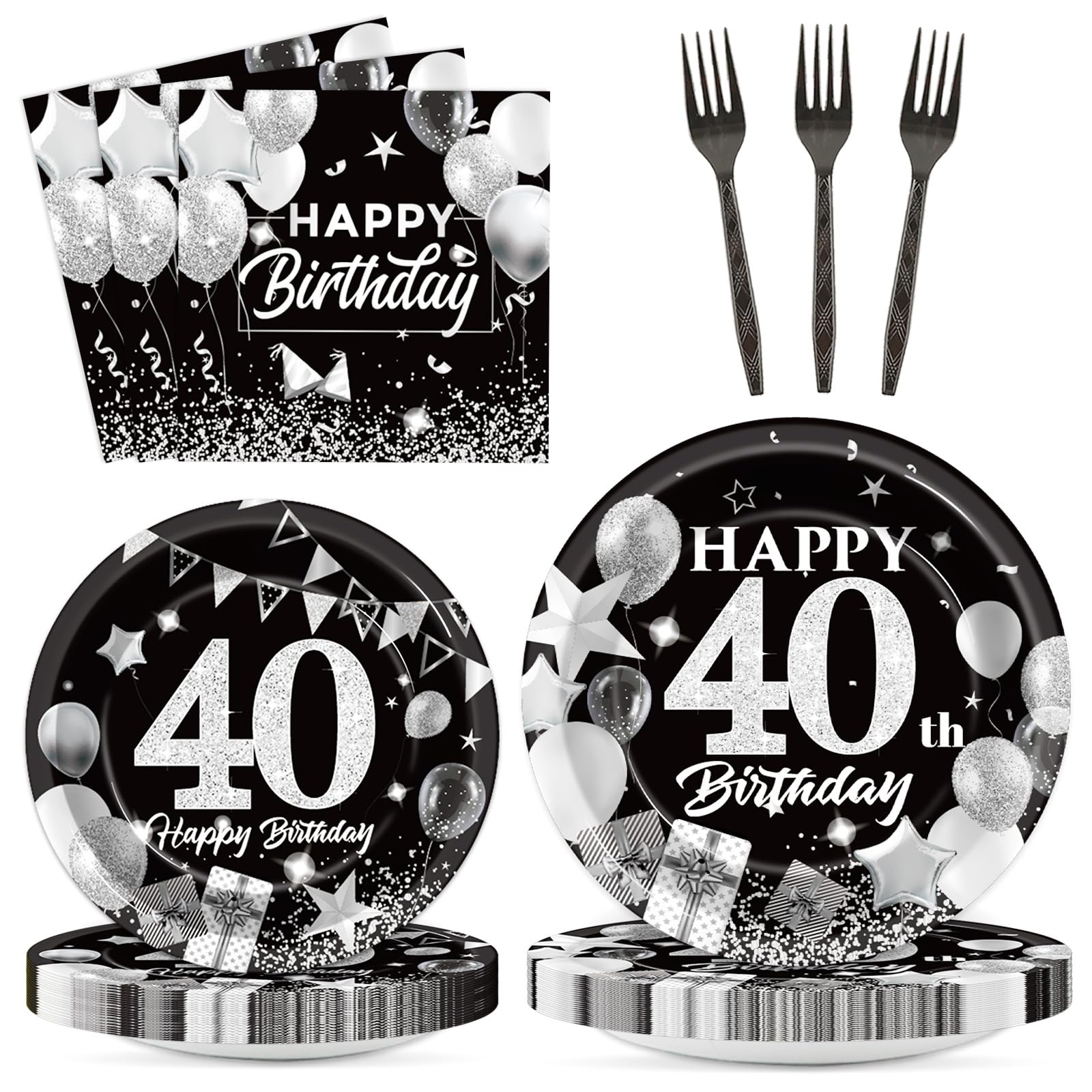 96Pcs 40th Birthday Party Supplies Black and White Silver 40th Happy Birthday Paper Plates Napkins 40th Party Decorations 40 Years Old Dinnerware