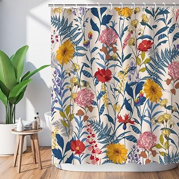 RosieLily Shower Curtains, Floral Shower Curtains Set with 12 Hooks, Colorful Florals and Leaves Shower Curtain, Bath Decorative, Waterproof Fabric Bathroom Curtain, 72W x 72H