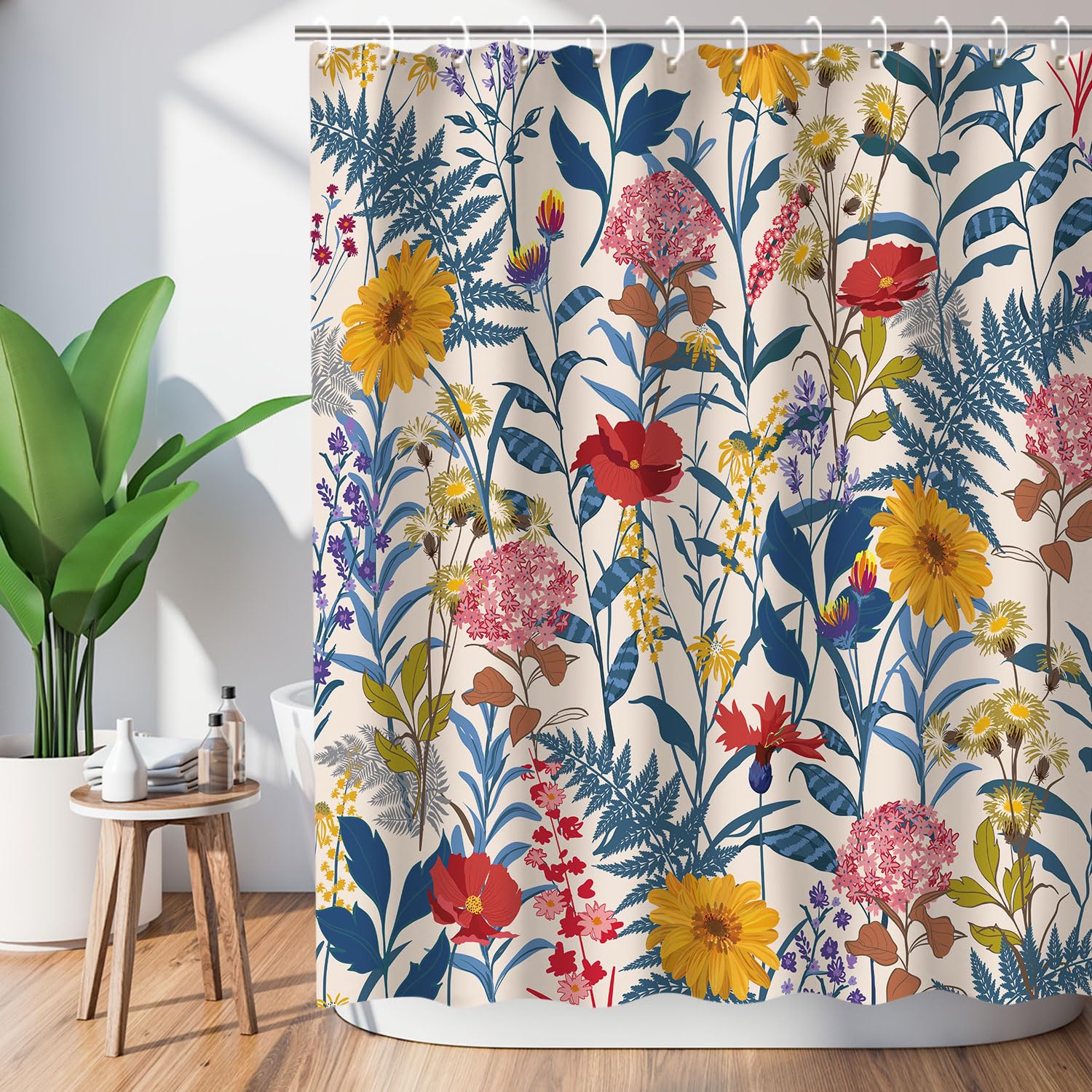 RosieLily Shower Curtains, Floral Shower Curtains Set with 12 Hooks, Colorful Florals and Leaves Shower Curtain, Bath Decorative, Waterproof Fabric Bathroom Curtain, 72''W x 72''H