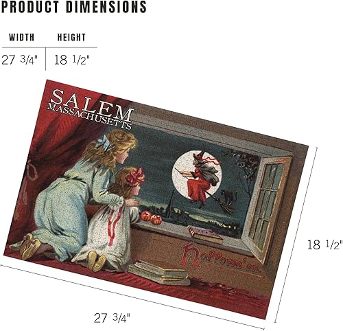Miniatura 5 de Lantern Press Rompecabezas de 1000 piezas, Salem, Massachusetts, Saludo de Halloween, bruja desde la ventana, arte navideño vintage