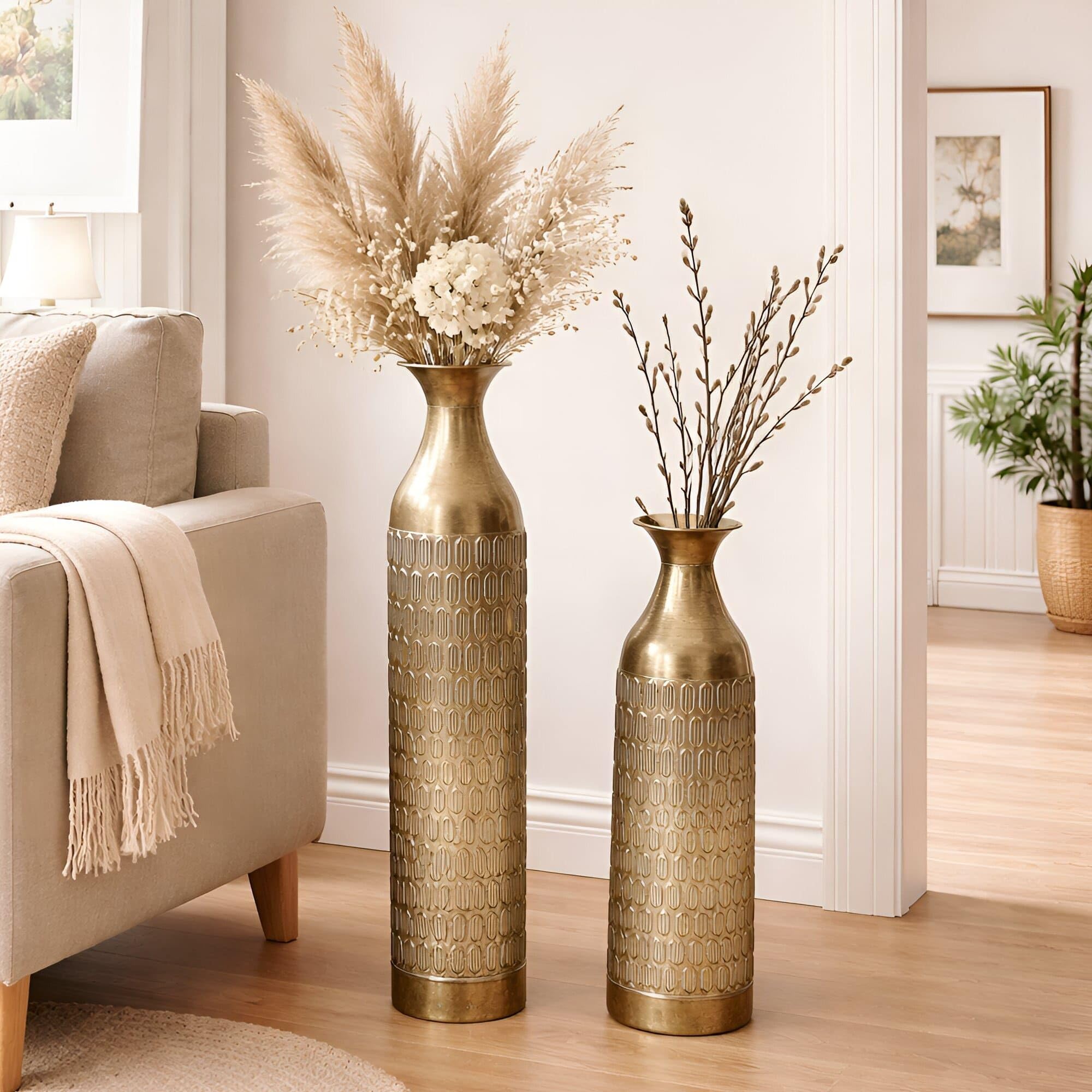 Dekoleidenschaft 2X Bodenvase Gold aus Metall, schlank, 63 & 72 cm groß, XL Vase, Deko Blumenvase