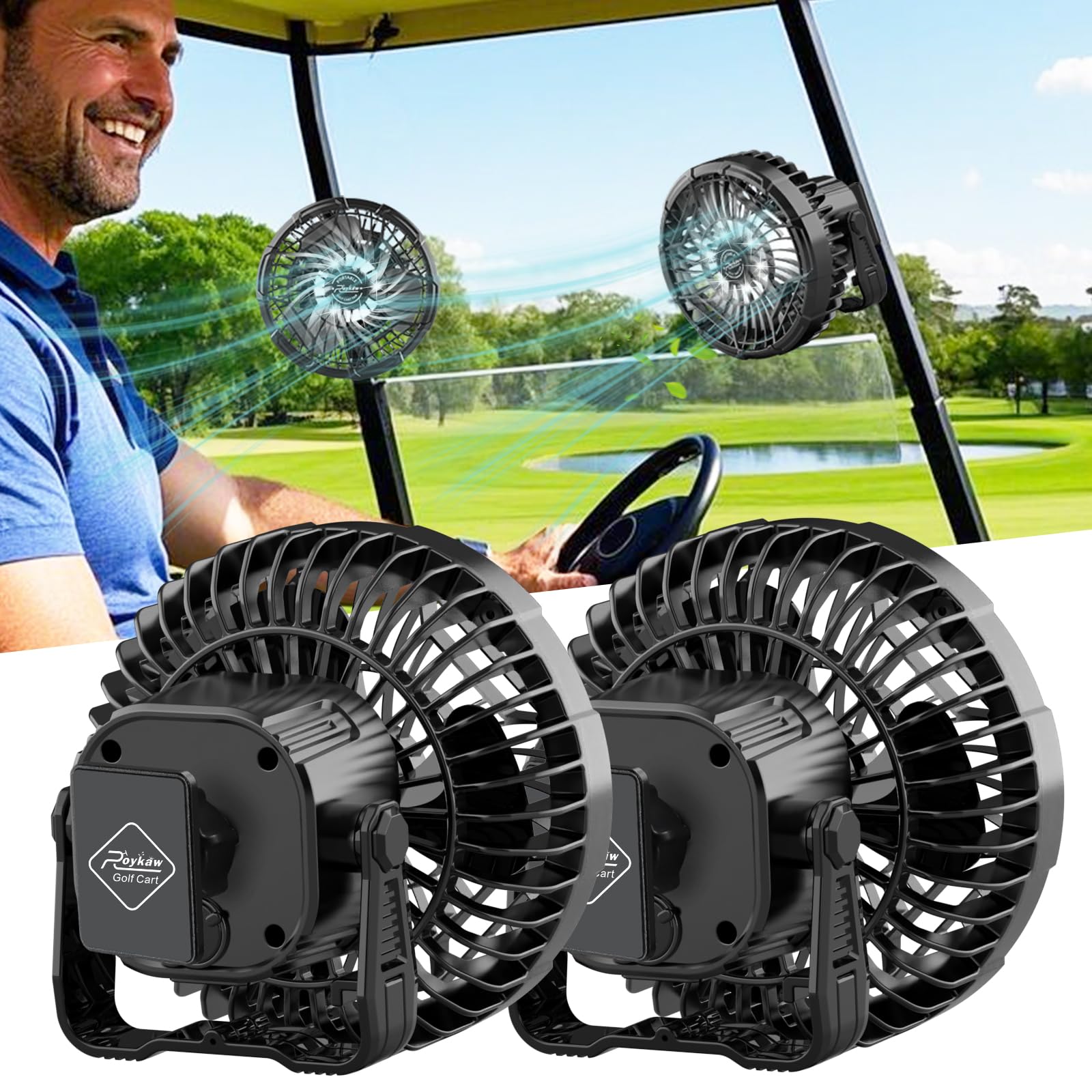 Ventilateur pour chariot de golf à batterie 10400mAh Roykaw avec autonomie 24h et LED