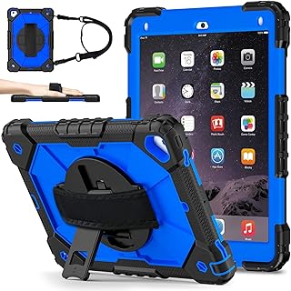 for iPad 6th Generation Cases iPad 5th Generation Case iPad Pro 9.7 Case,Hybrid Shockproof Rugged Case Cover with 360°Rotatable Hand/Shoulder Strap & Stand for iPad Air 2 Case (Black Blue)