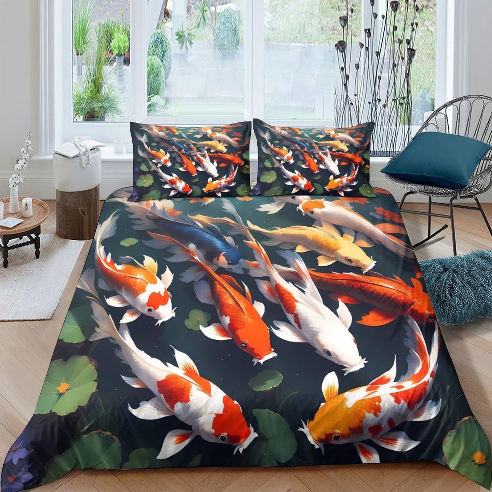 GPLZQXKJNH 3D Printed Koi Fish Pond Duvet Cover Microfiber Soft Breathable Lotus Bedding Set with 2 Pillowcases for Bedroom Decor Single（135x200cm）