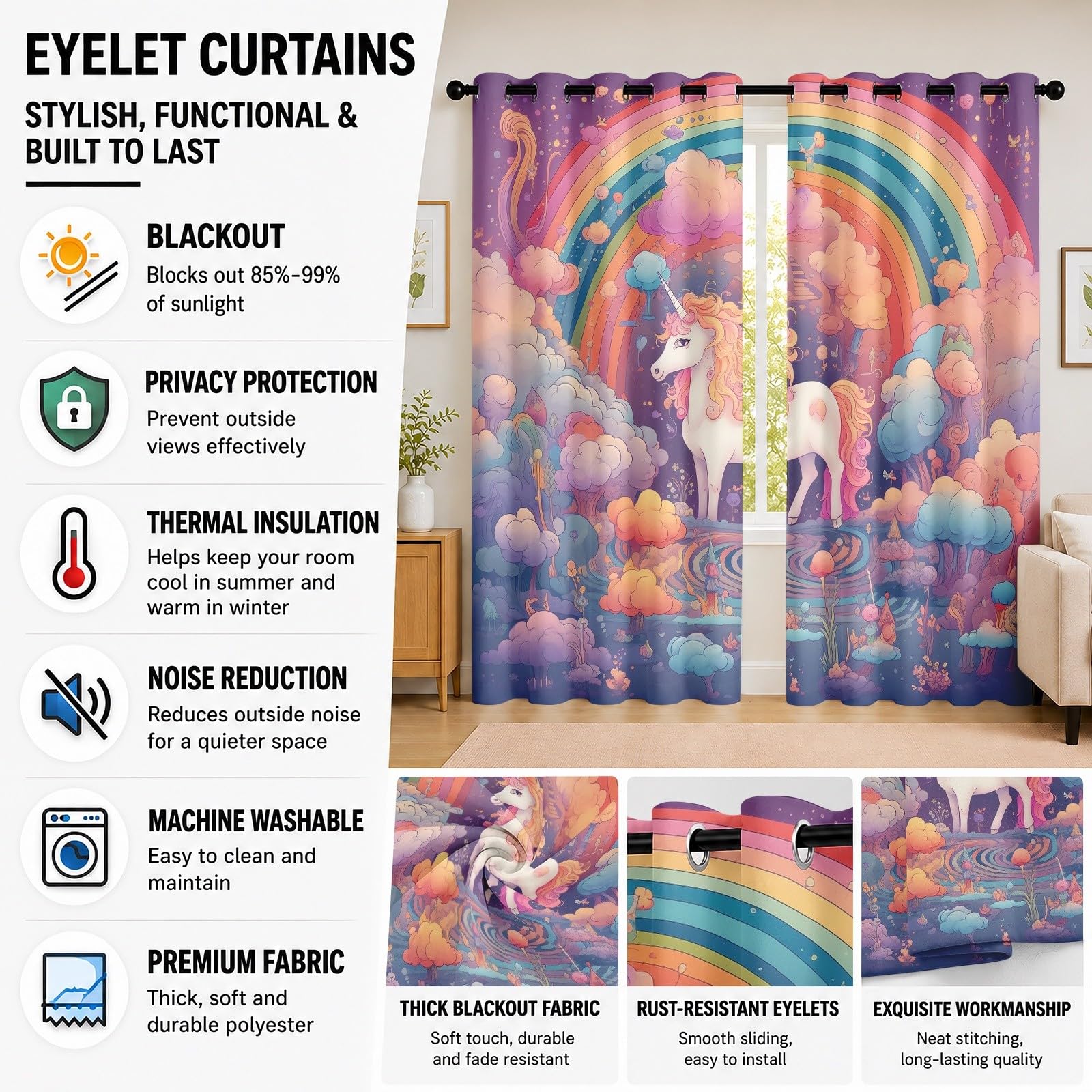 Schlafzimmer Wärmeisolierend Verdunklungsvorhänge Gardinen 2er Set H245 x B140 cm Zeichentrickfigur Einhorn Regenbogen Wolke Vorhänge Blickdicht mit Ösen bunt für Wohnzimmer Wohndeko Vorhang
