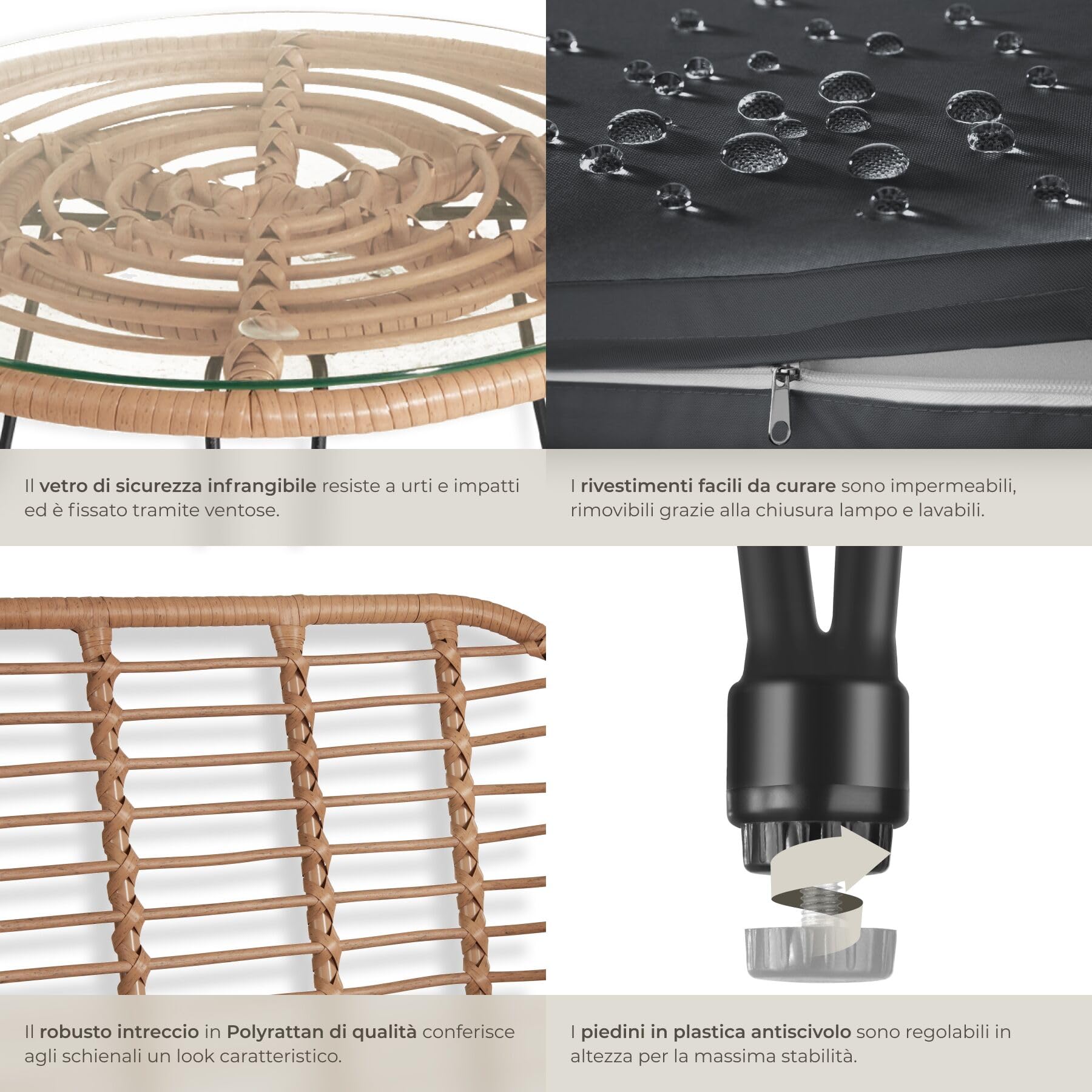 tectake Salottino in Rattan Set da Balcone 3 Pezzi 2 Sedie 120 kg Tavolo Vetro Sicuro Resistente Intemperie Terrazza Giardino Piedini Regolabili